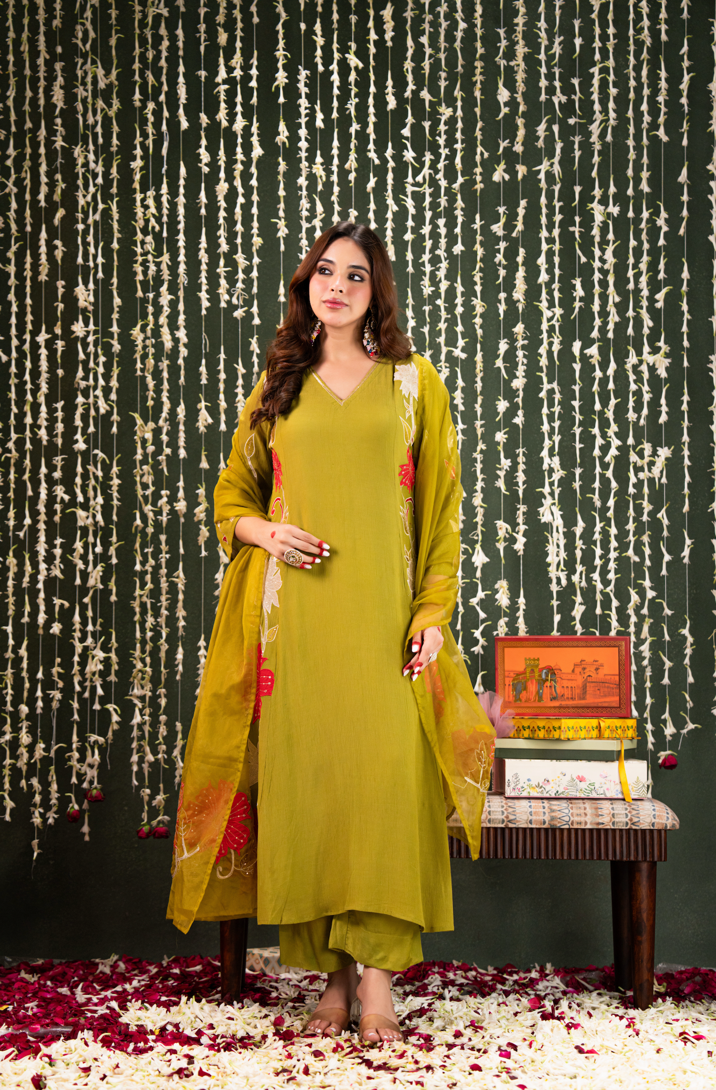 Olive Crush Chanderi Embroidered Applique Work Suit Set