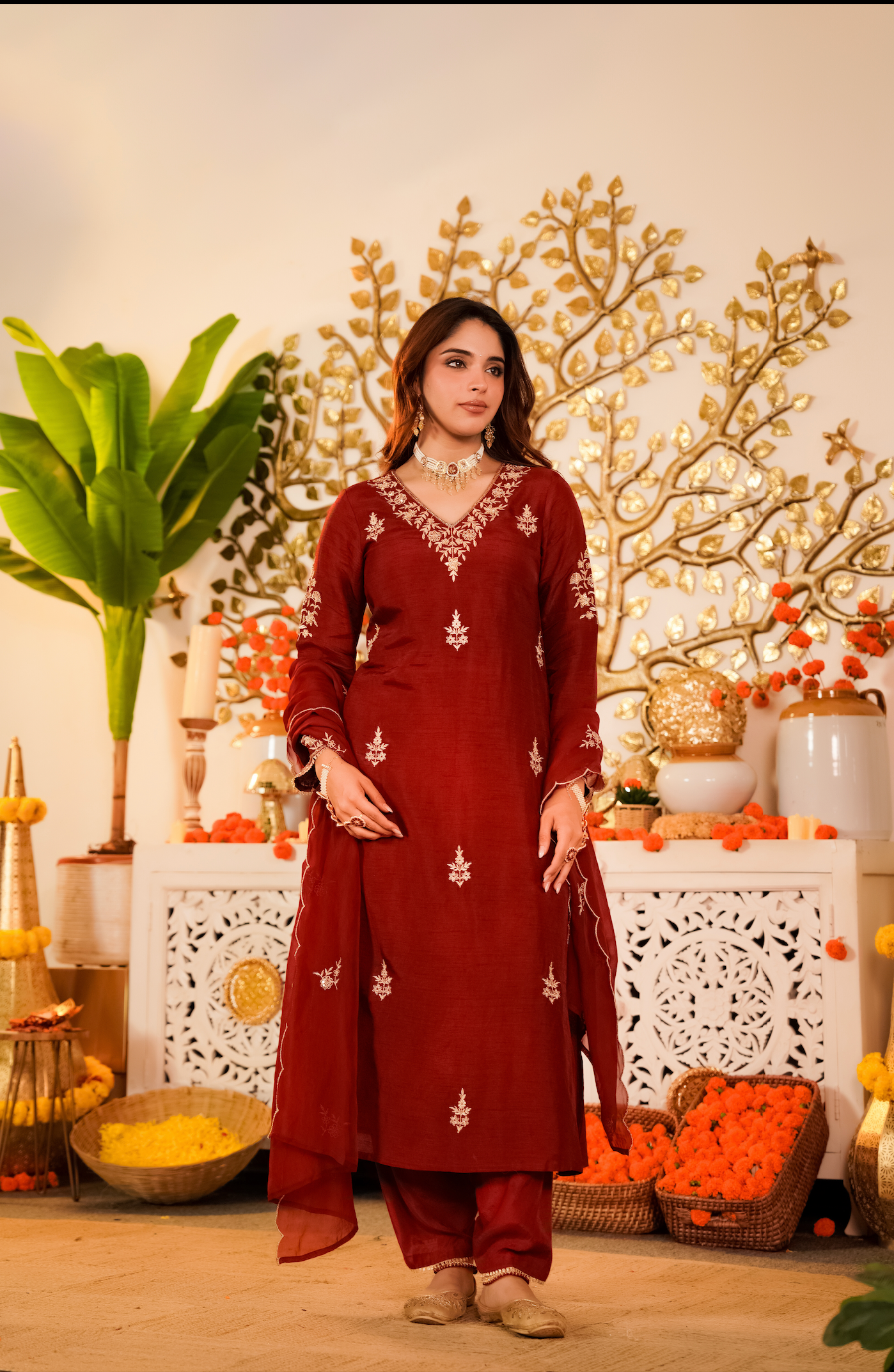 Crimson Pure Russian Silk Suit Set