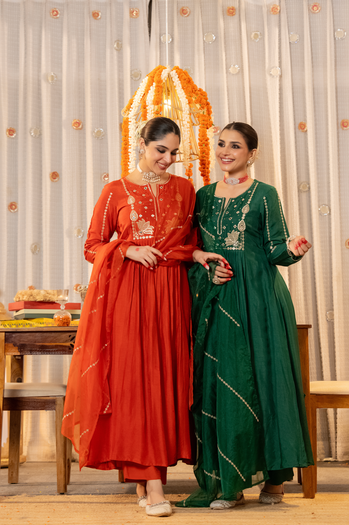 Ruby Russian Silk Embroidered Flared Suit Set
