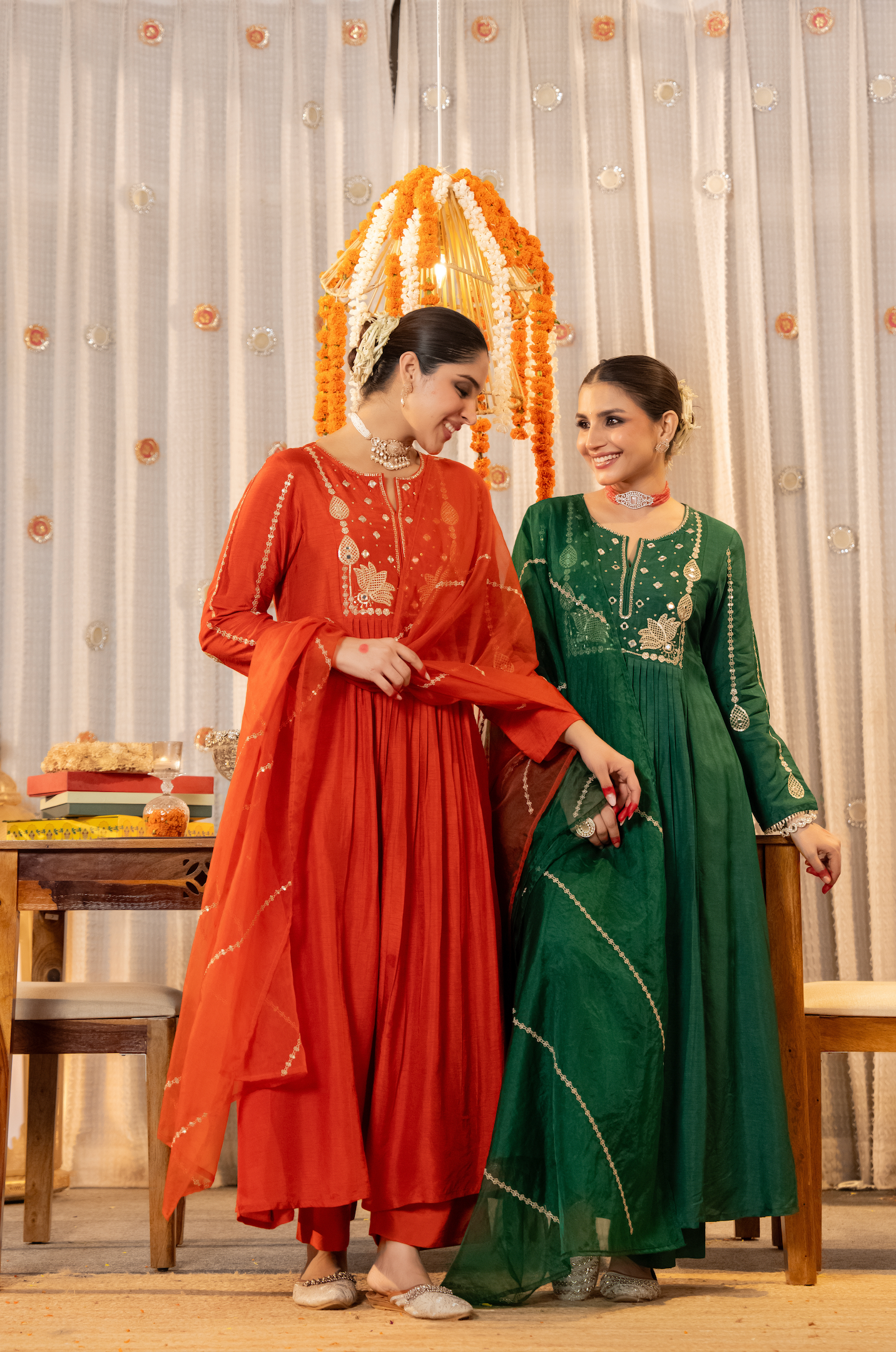 Ruby Russian Silk Embroidered Flared Suit Set