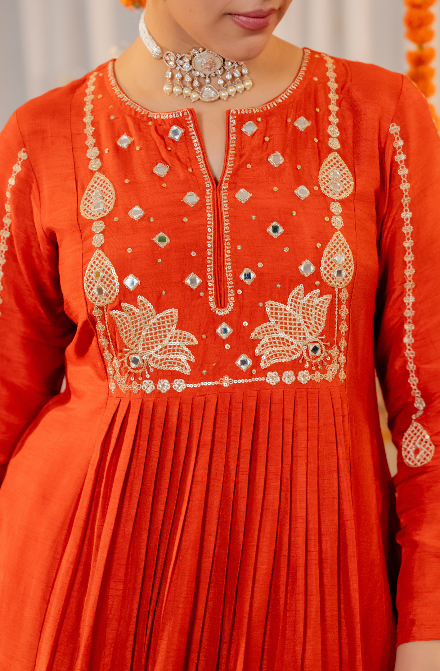 Ruby Russian Silk Embroidered Flared Suit Set