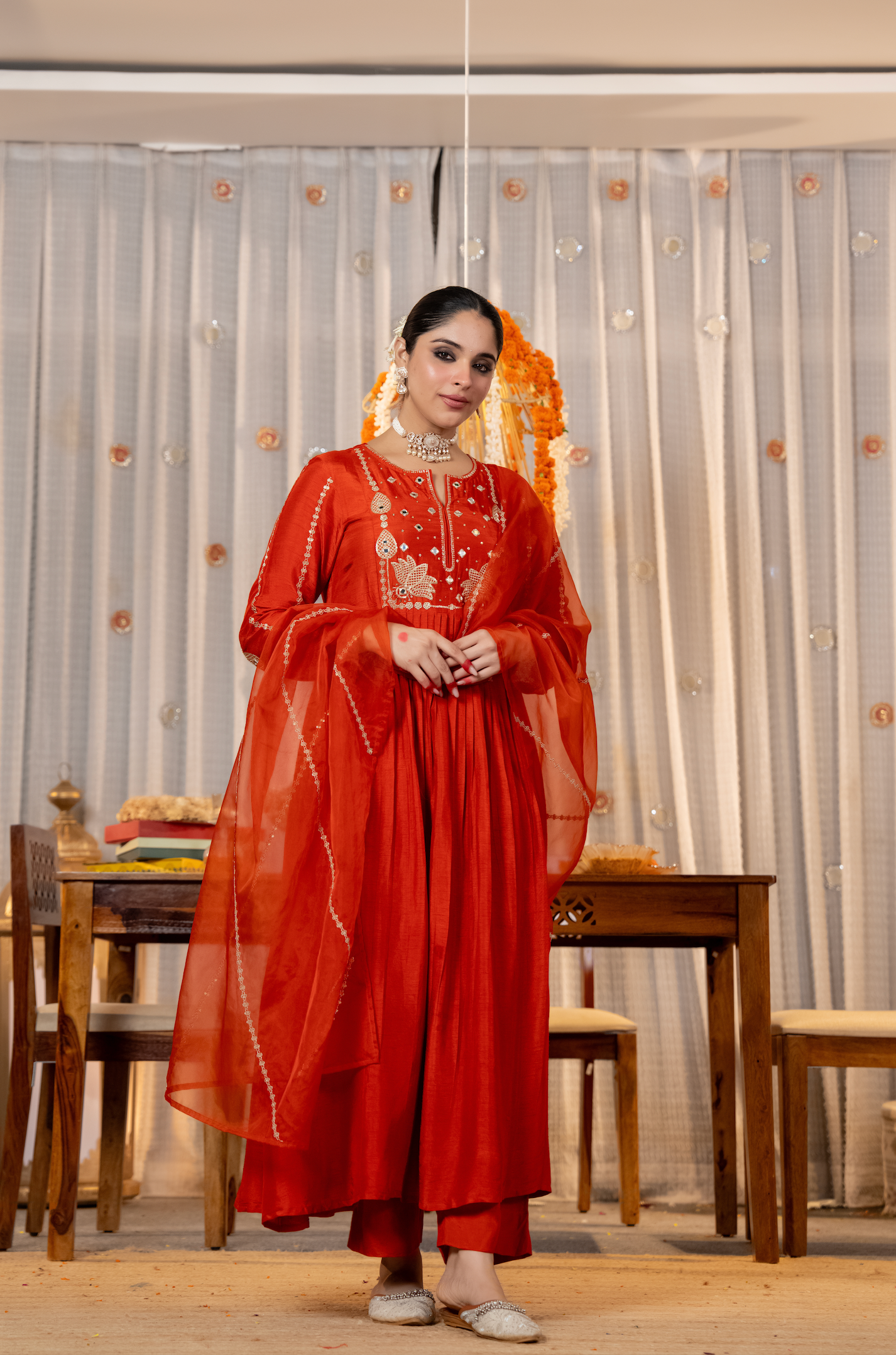 Ruby Russian Silk Embroidered Flared Suit Set