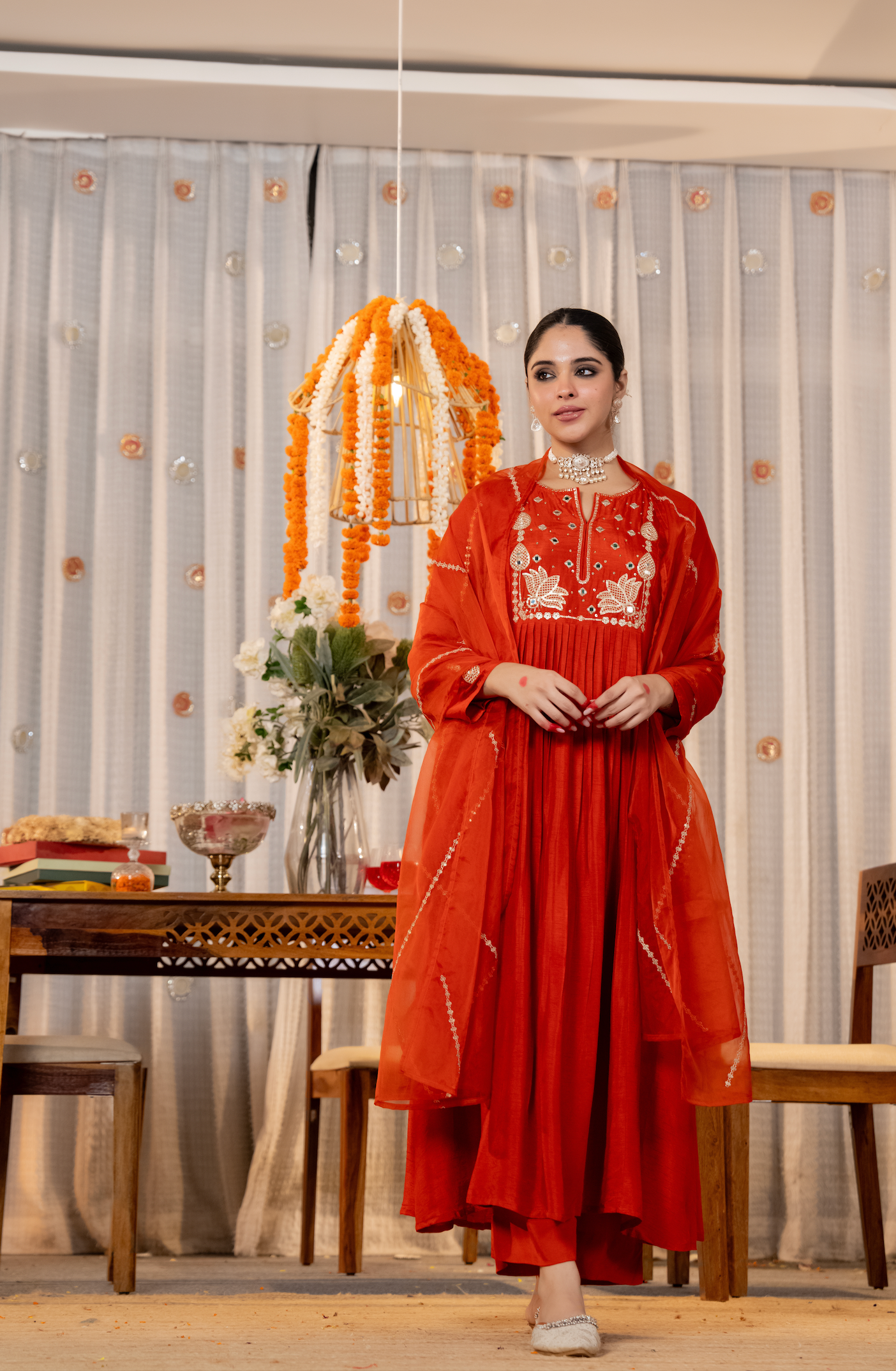 Ruby Russian Silk Embroidered Flared Suit Set
