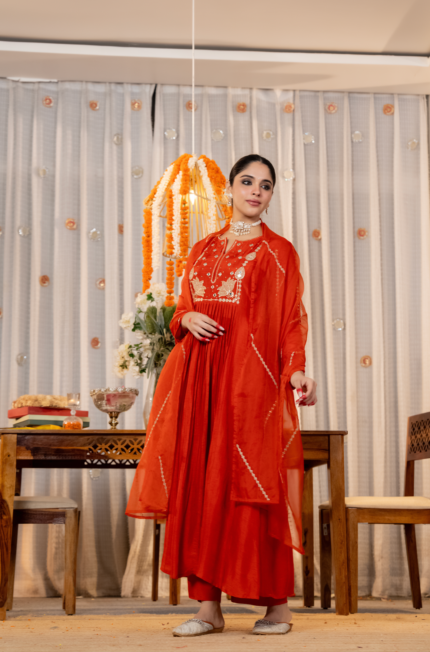 Ruby Russian Silk Embroidered Flared Suit Set