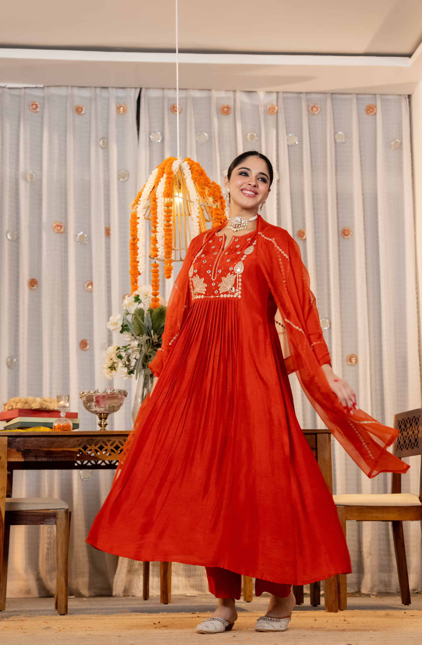 Ruby Russian Silk Embroidered Flared Suit Set