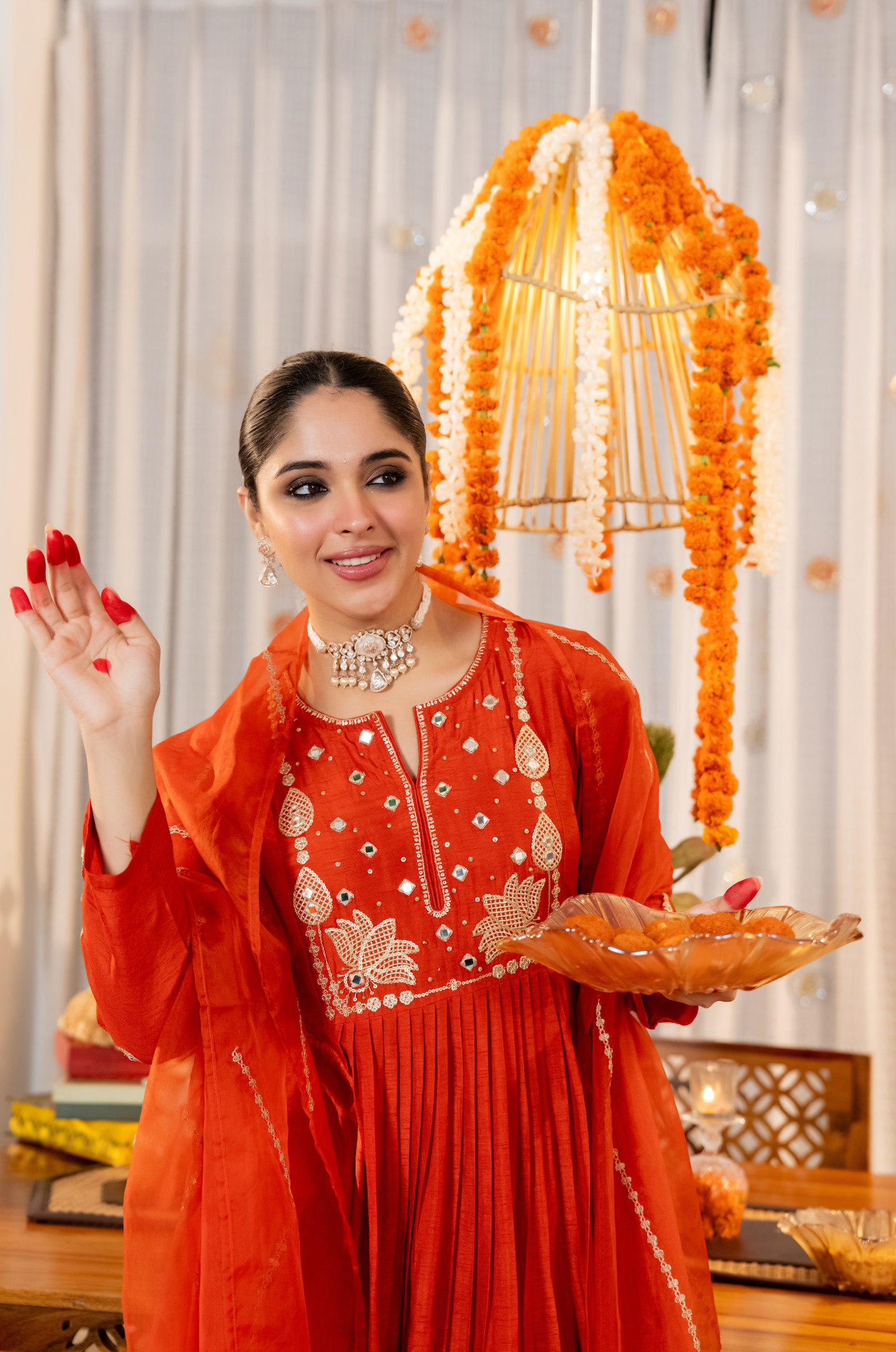 Ruby Russian Silk Embroidered Flared Suit Set