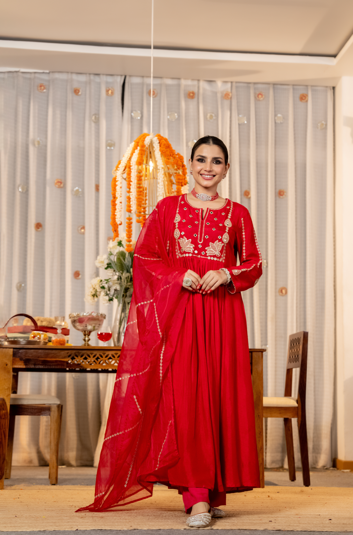 Pink Russian Silk Embroidered Flared Suit Set