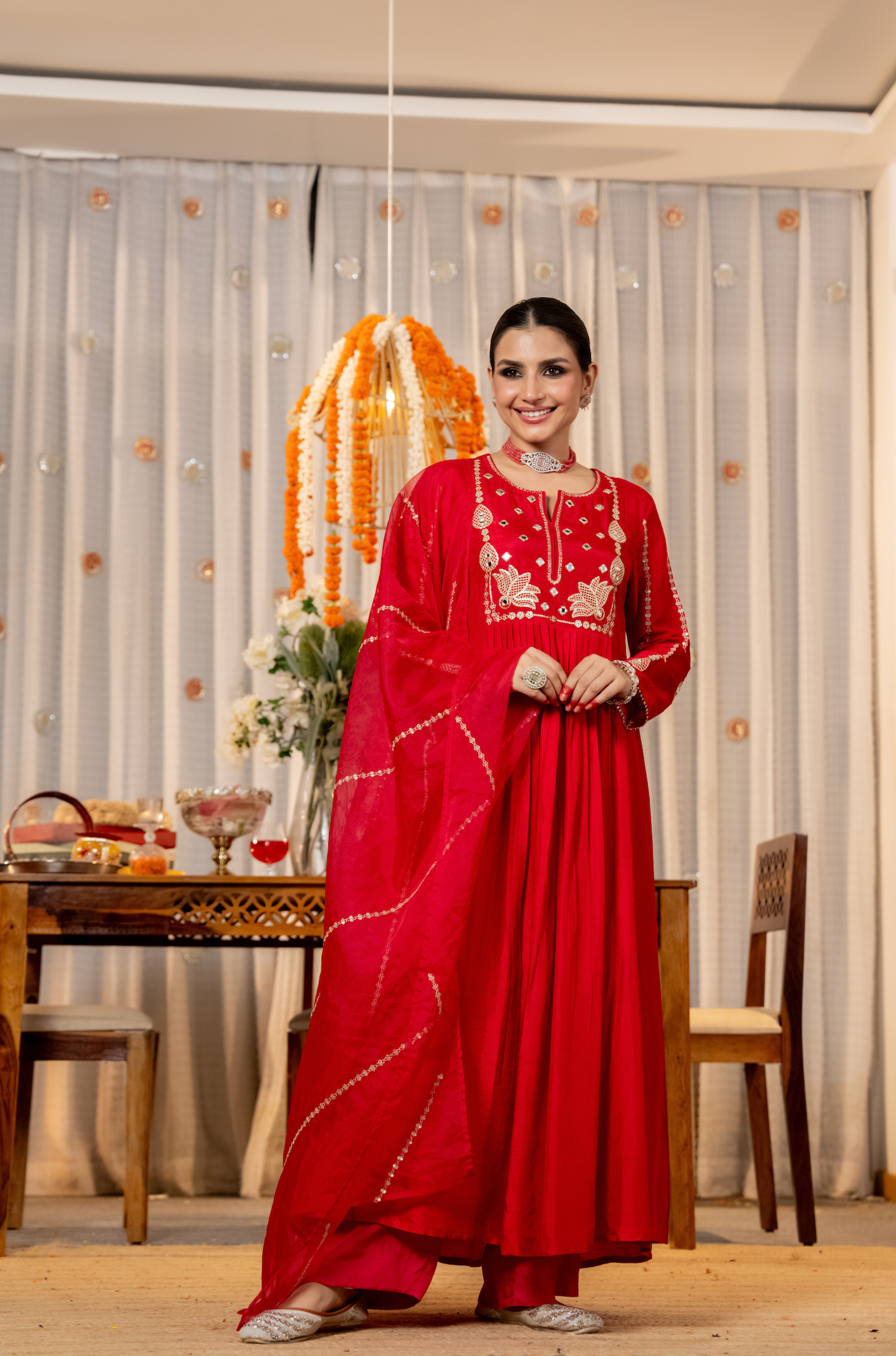 Pink Russian Silk Embroidered Flared Suit Set