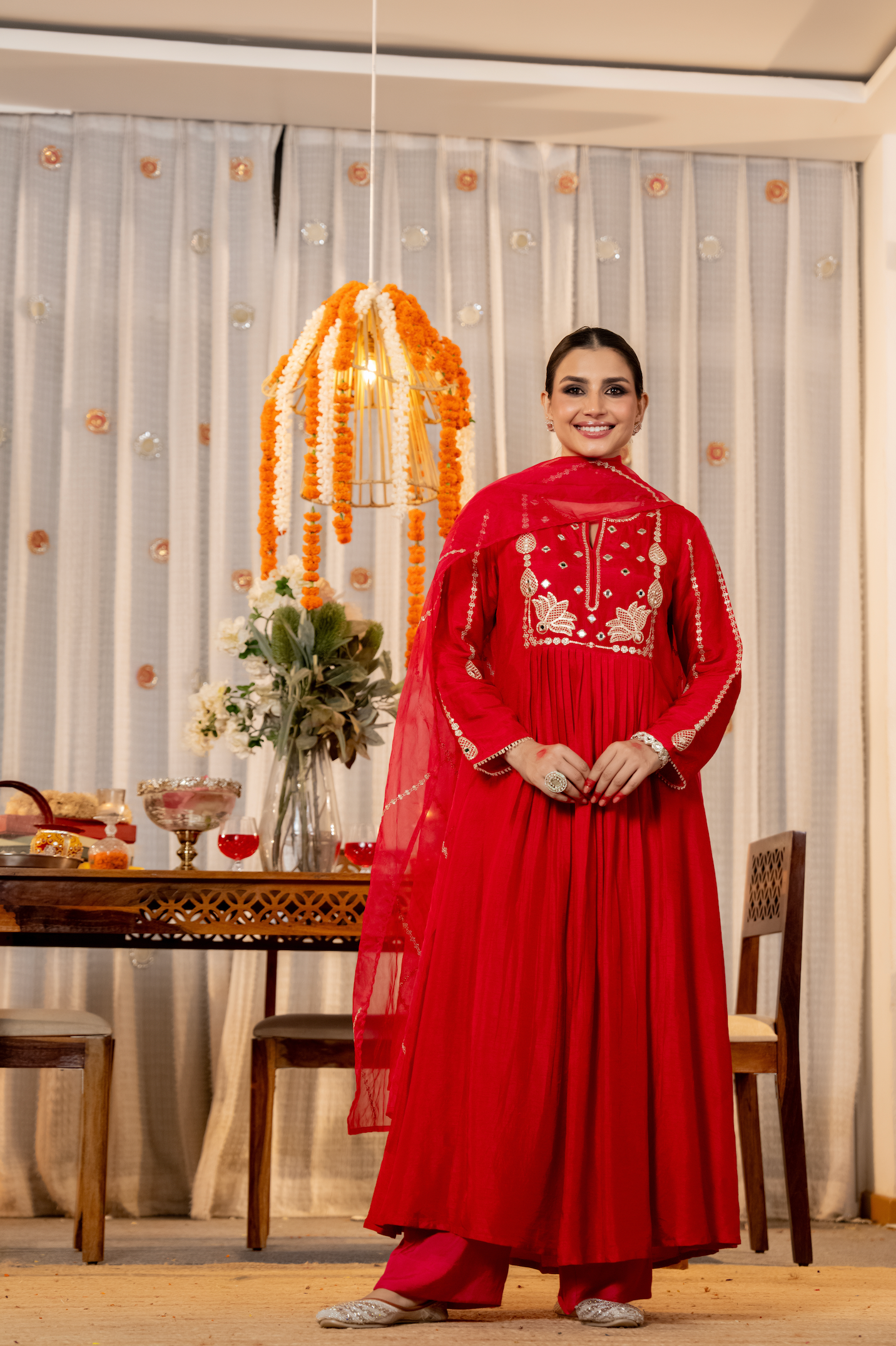 Pink Russian Silk Embroidered Flared Suit Set