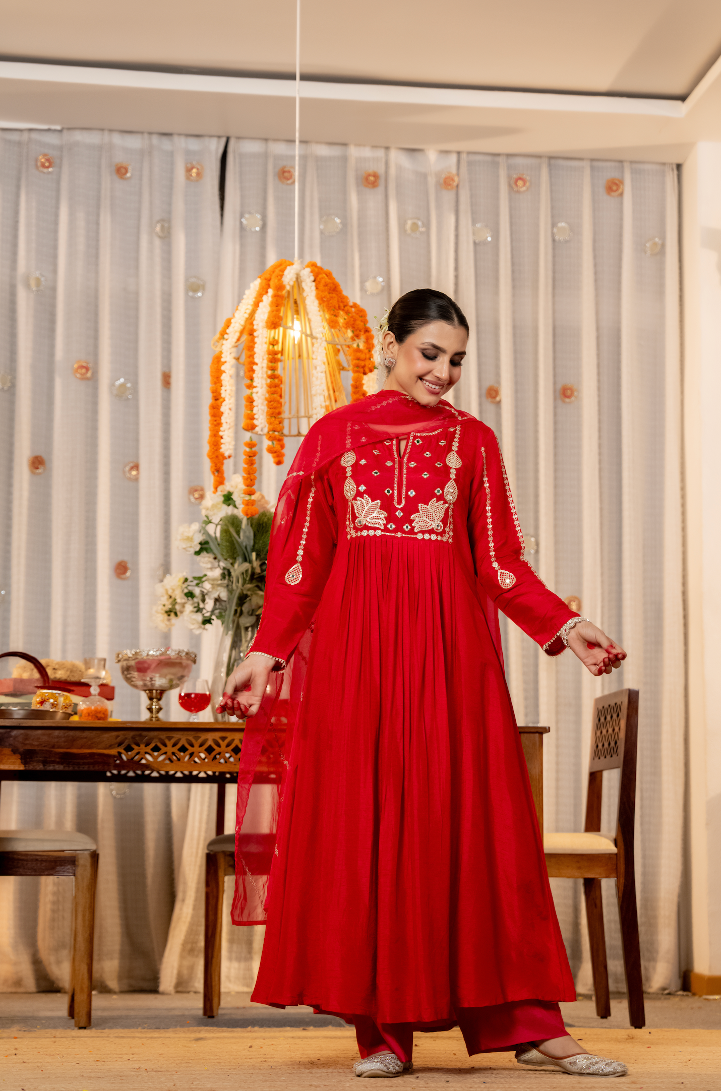 Pink Russian Silk Embroidered Flared Suit Set
