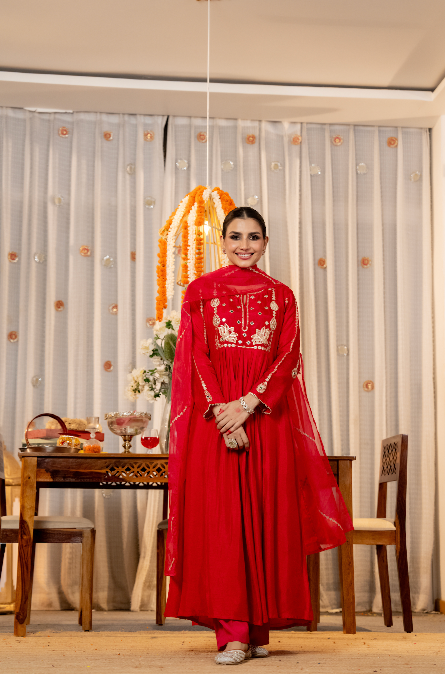 Pink Russian Silk Embroidered Flared Suit Set