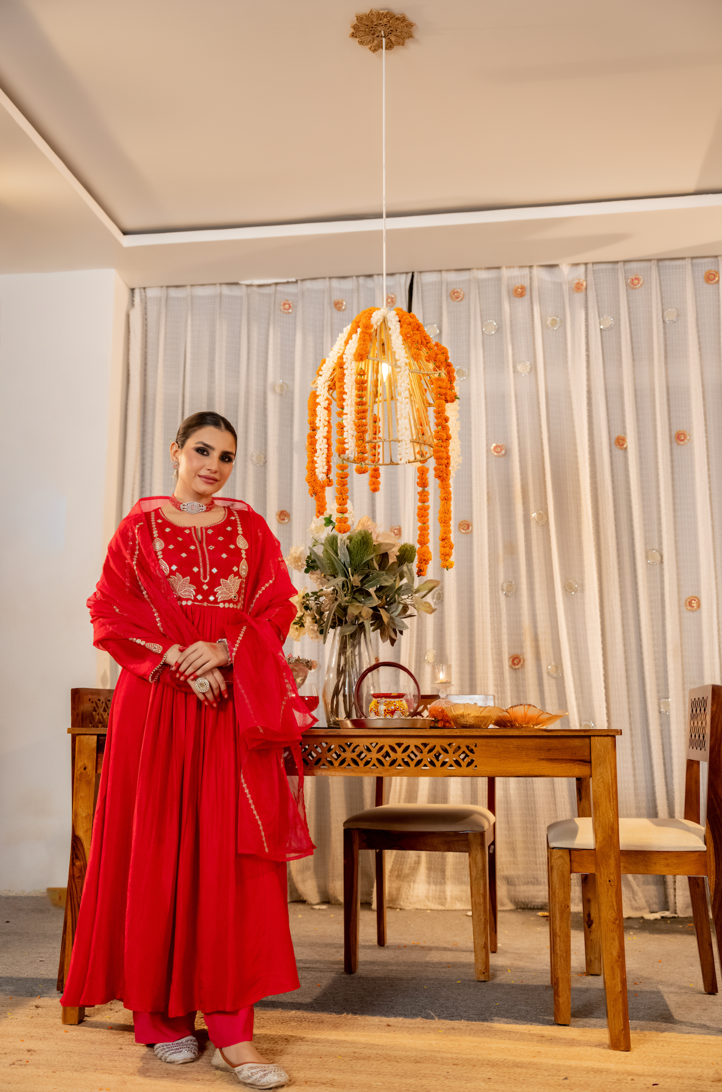 Pink Russian Silk Embroidered Flared Suit Set