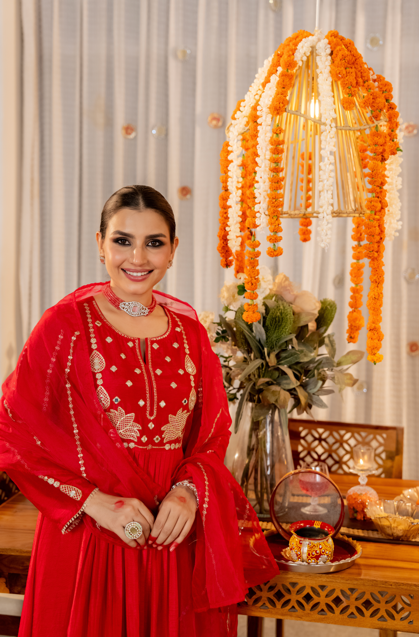 Pink Russian Silk Embroidered Flared Suit Set