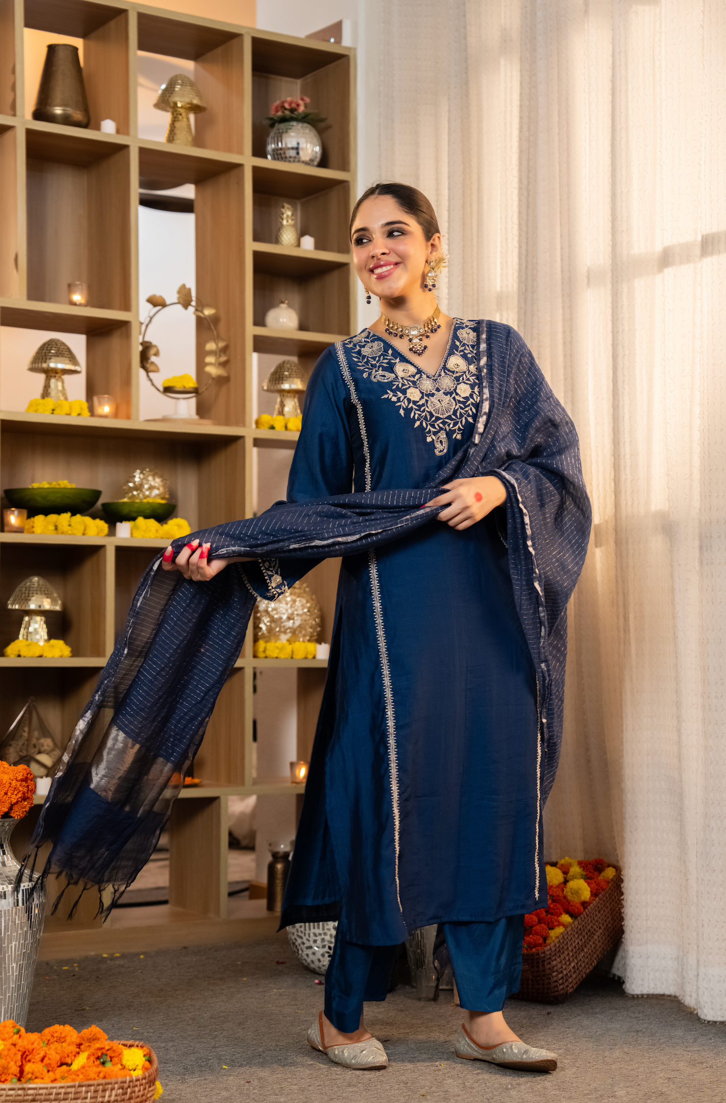 Blue Embellished Crepe Suit Set