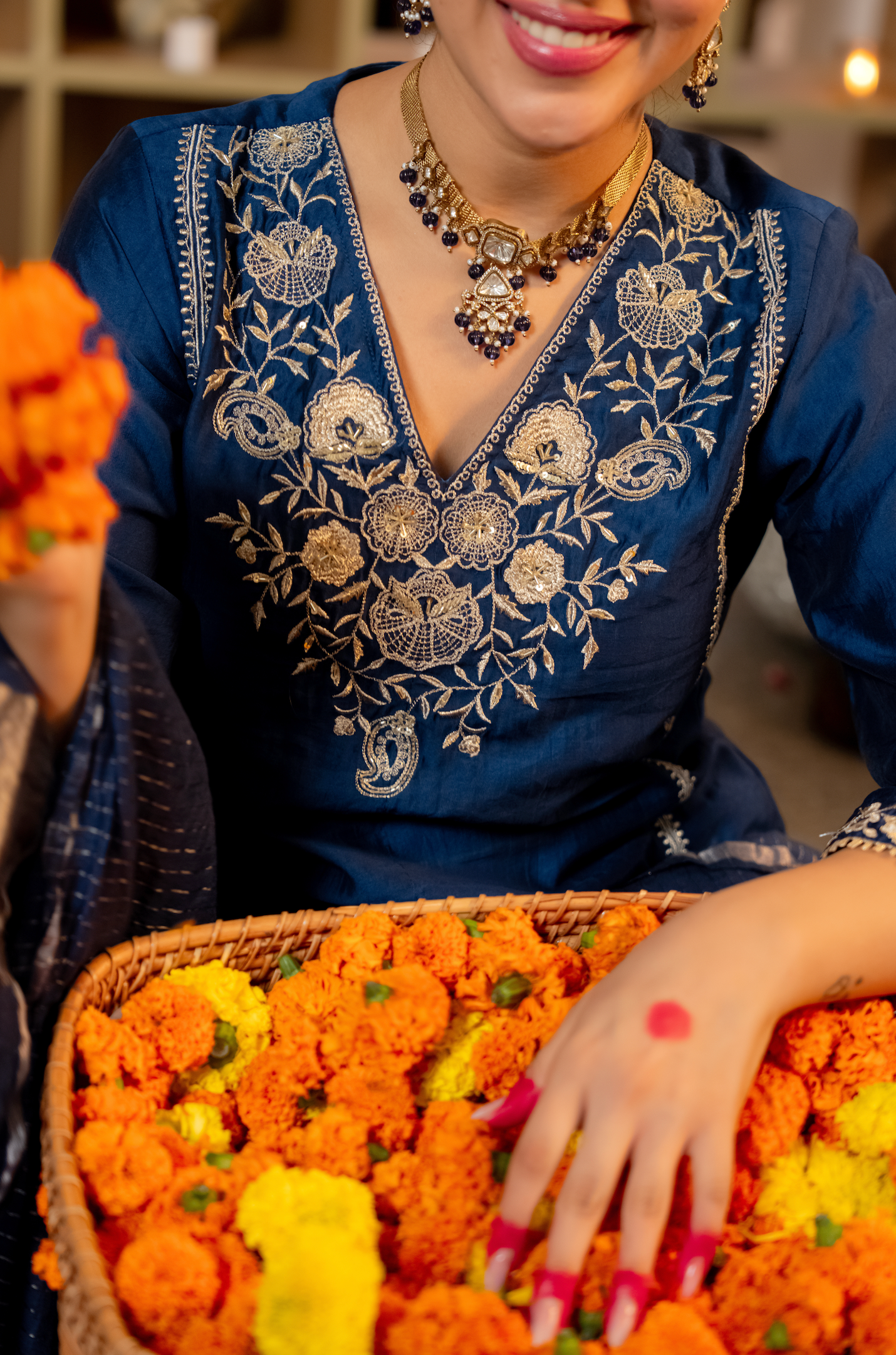 Blue Embellished Crepe Suit Set