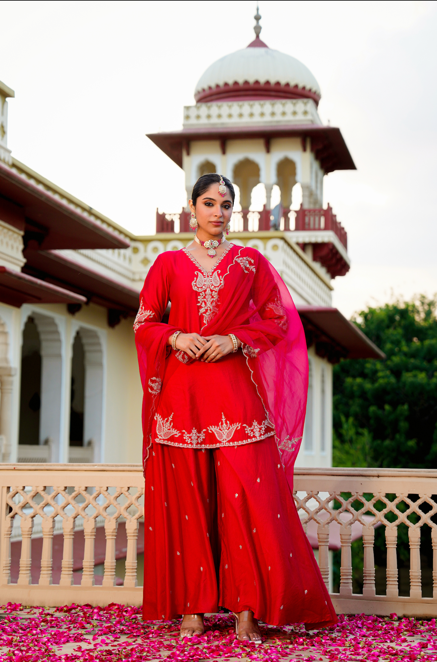 Crimson Silver Zari -Resham Embroidered Sharara Suit Set