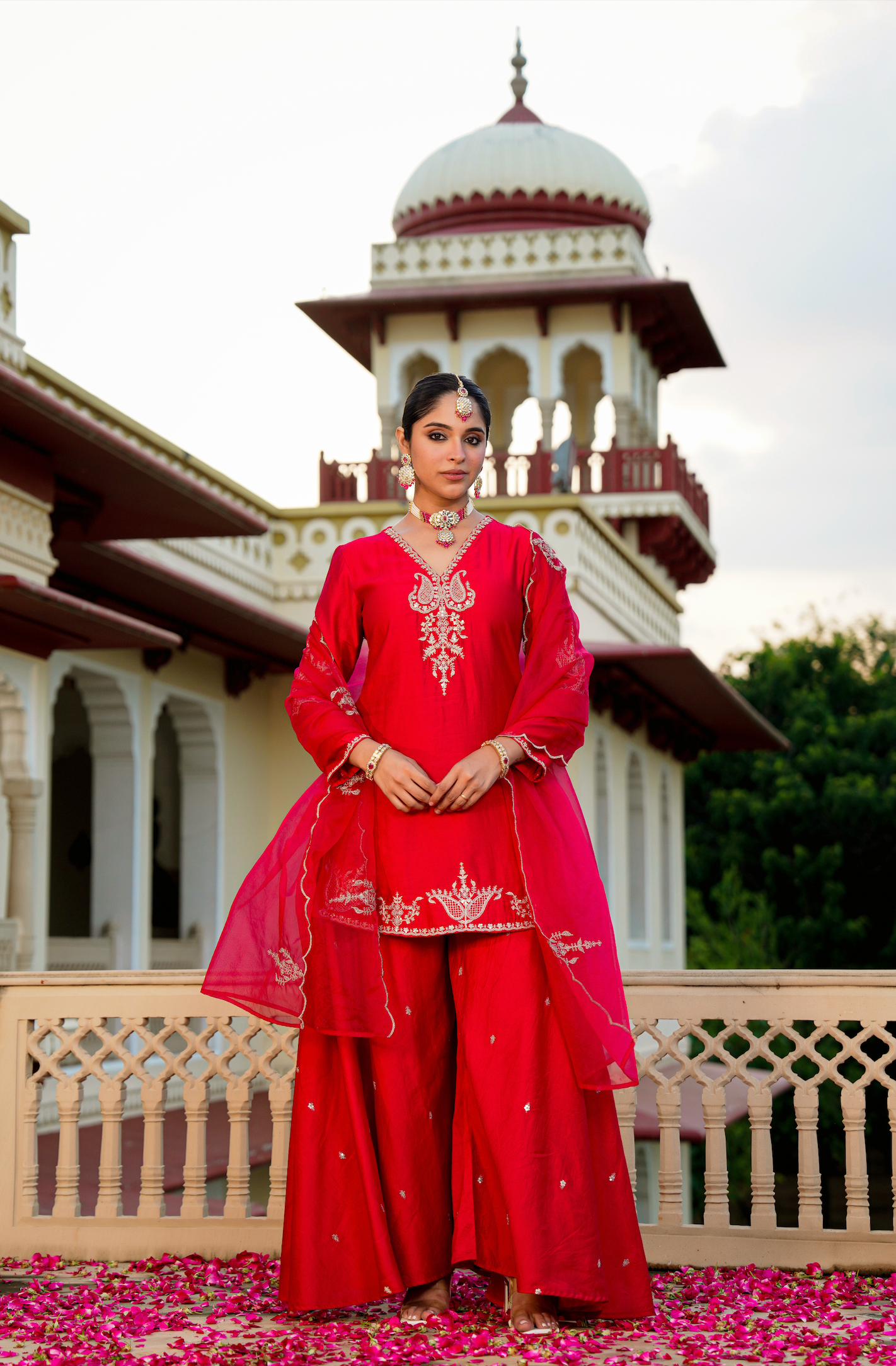Crimson Silver Zari -Resham Embroidered Sharara Suit Set