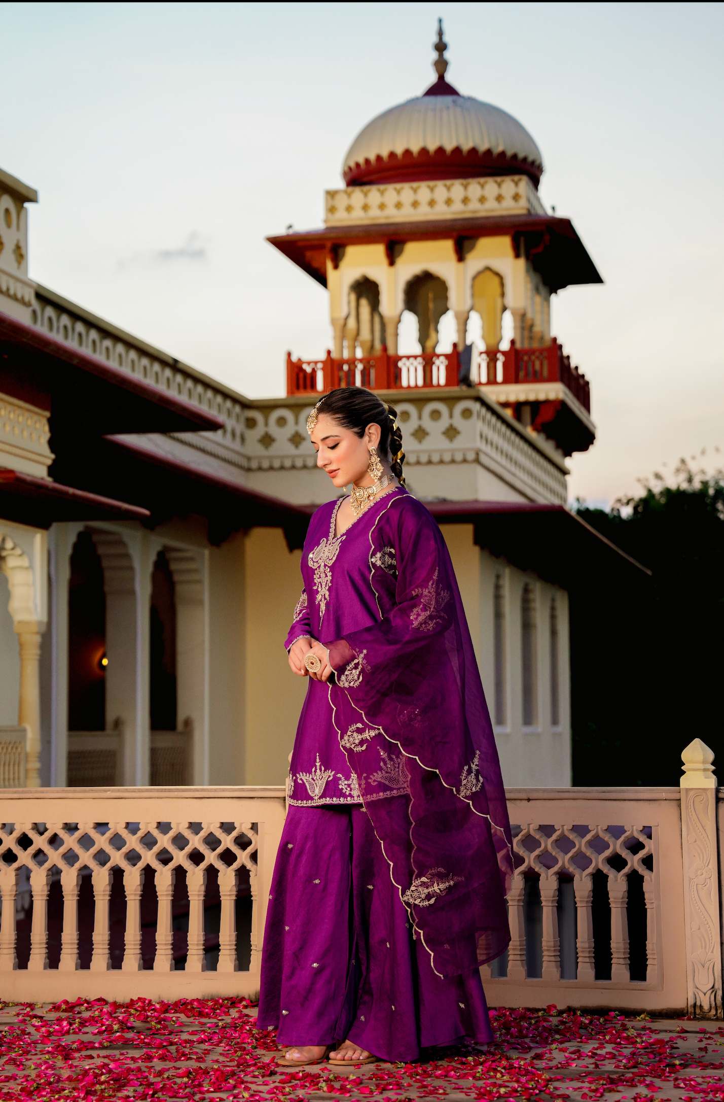 Jamuni Satoori Silk Silver Zari -Resham Embroidered Sharara Suit Set