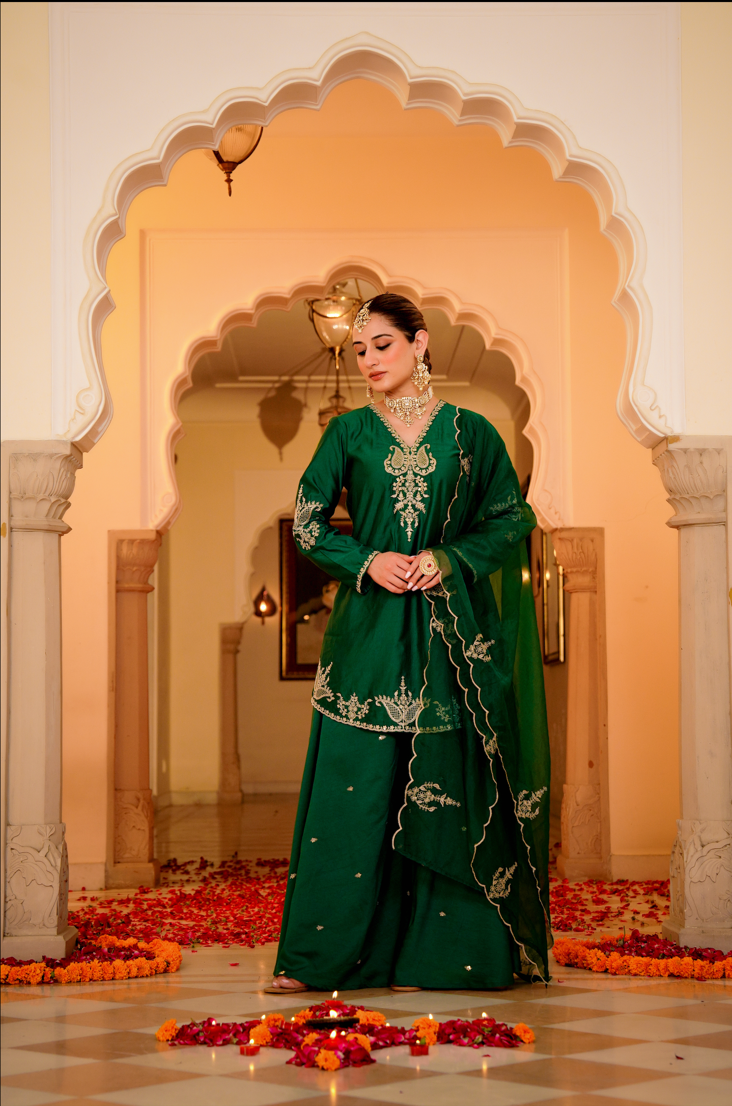 Emerald Green Silk Zari -Resham Embroidered Sharara Suit Set
