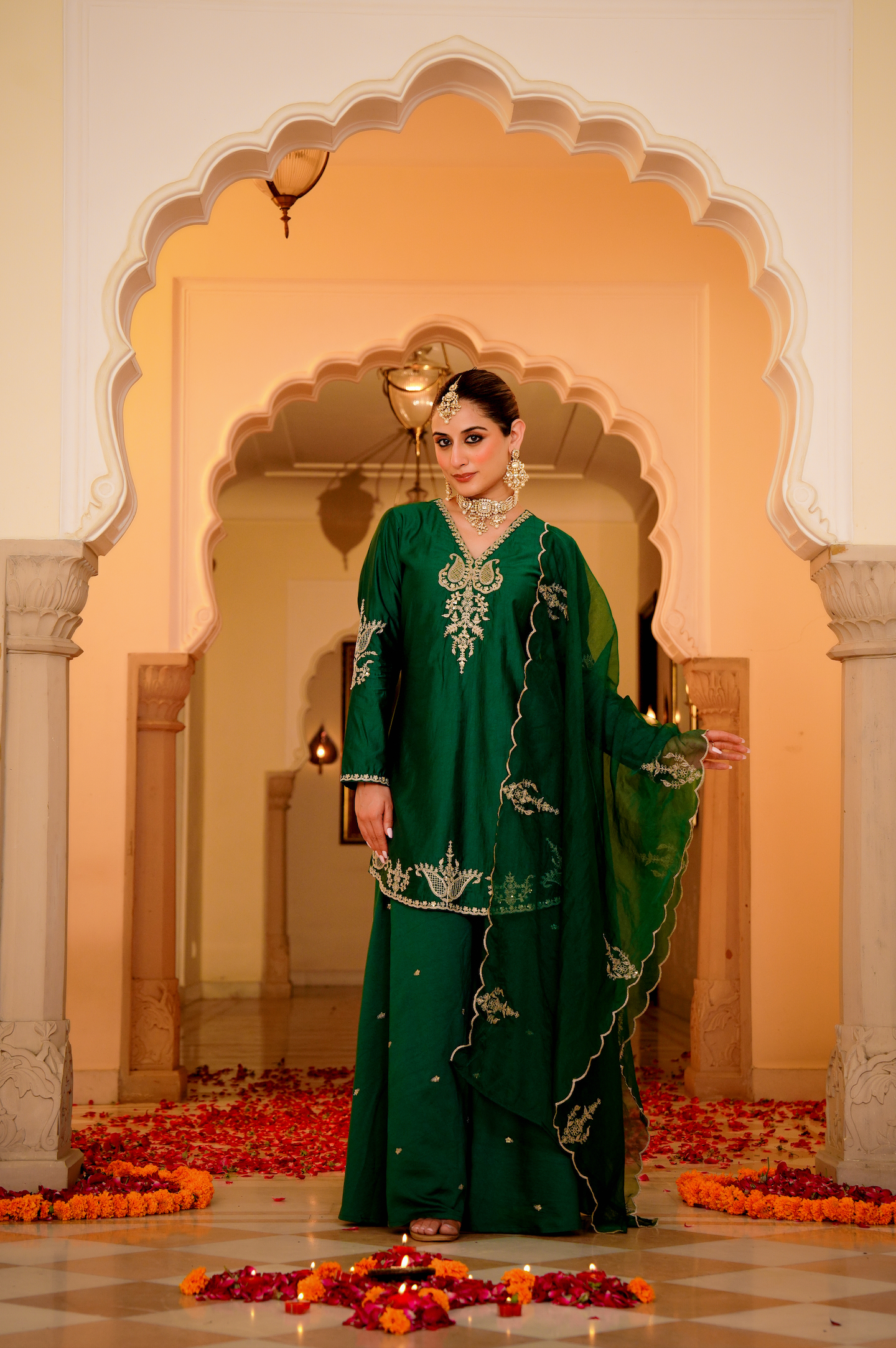 Emerald Green Silk Zari -Resham Embroidered Sharara Suit Set