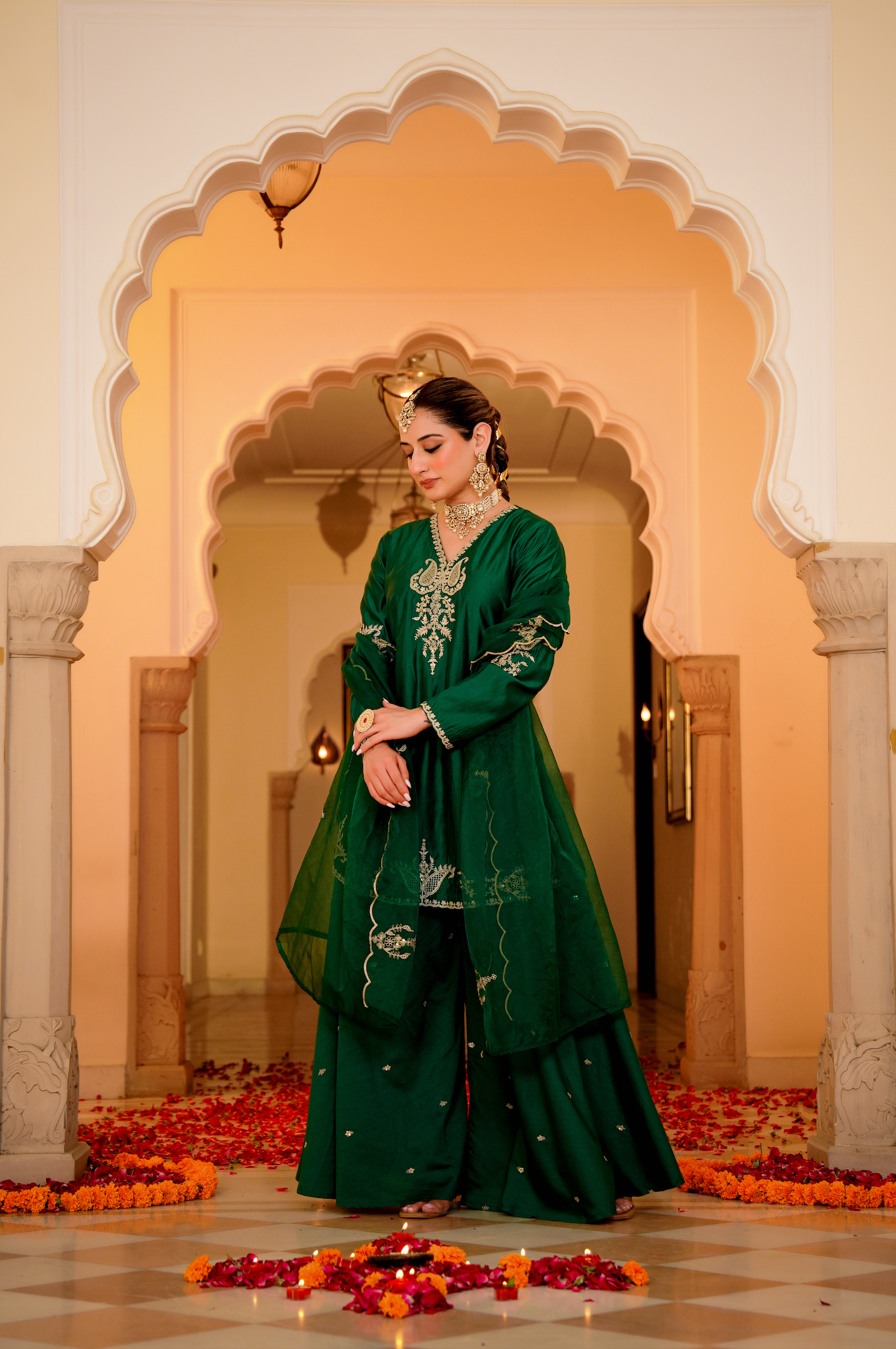 Emerald Green Silk Zari -Resham Embroidered Sharara Suit Set