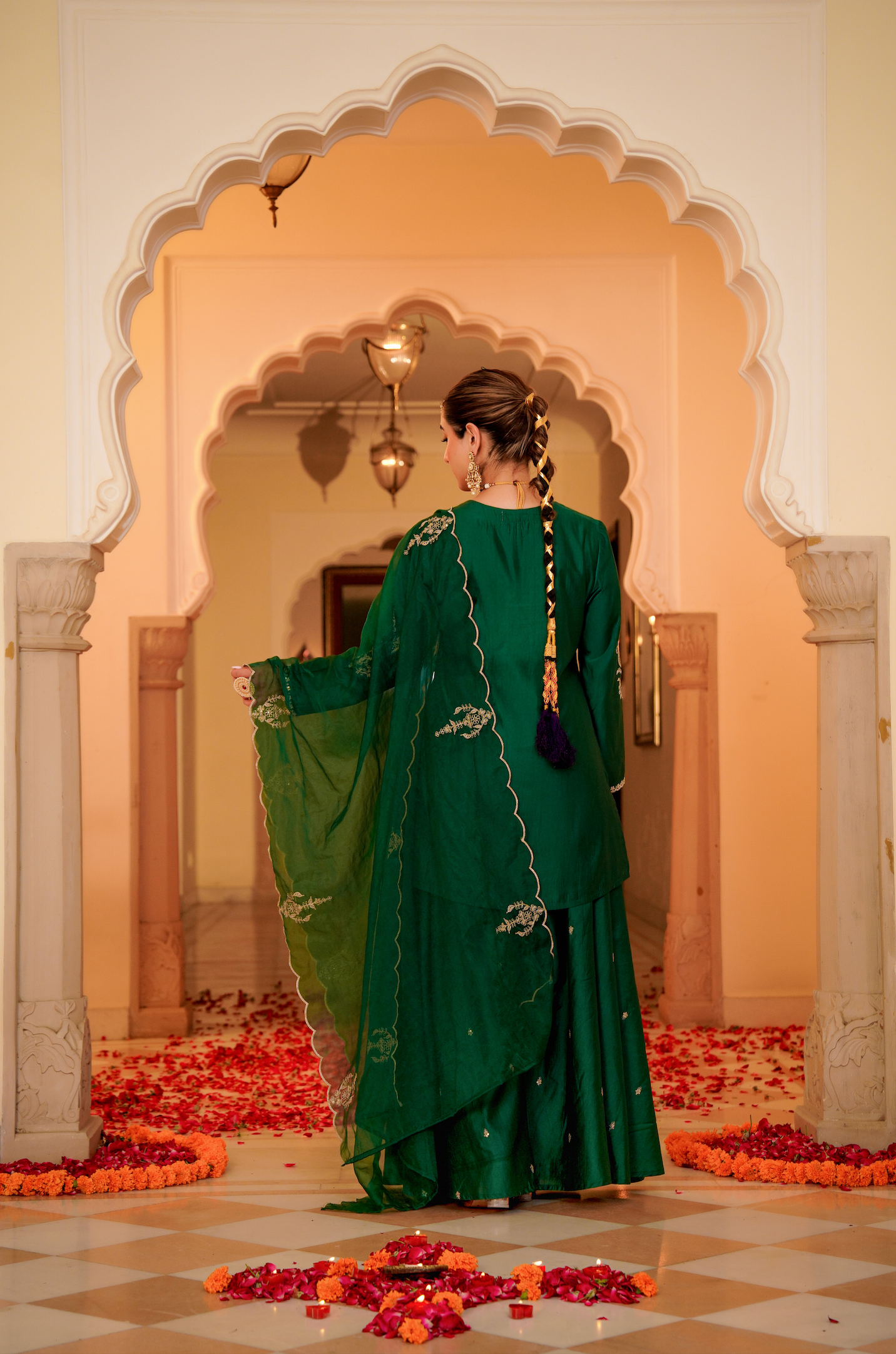 Emerald Green Silk Zari -Resham Embroidered Sharara Suit Set