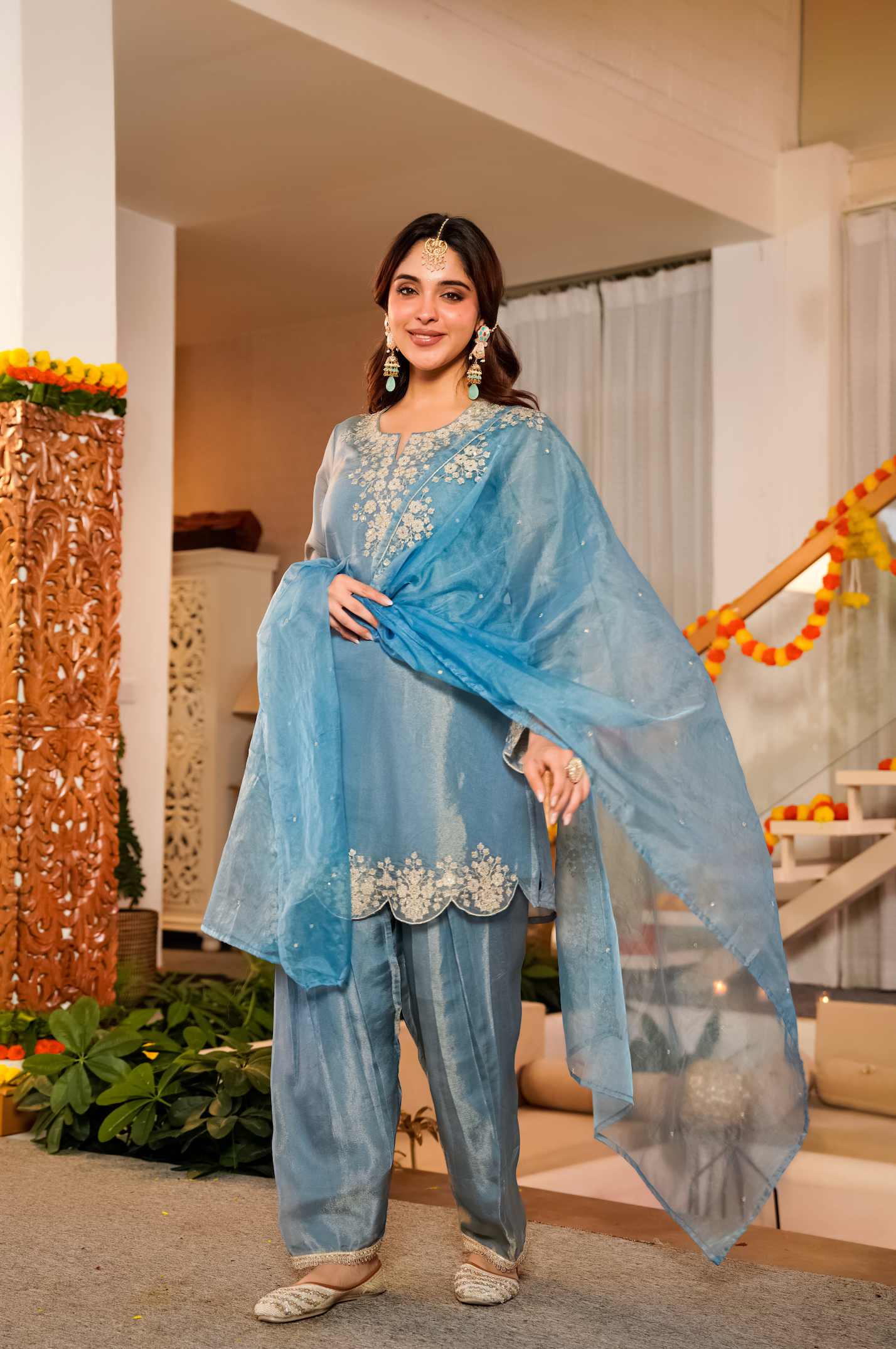 Mist Tissue Silk Hand Adda Embroidered A-Line Kurta Suit Set