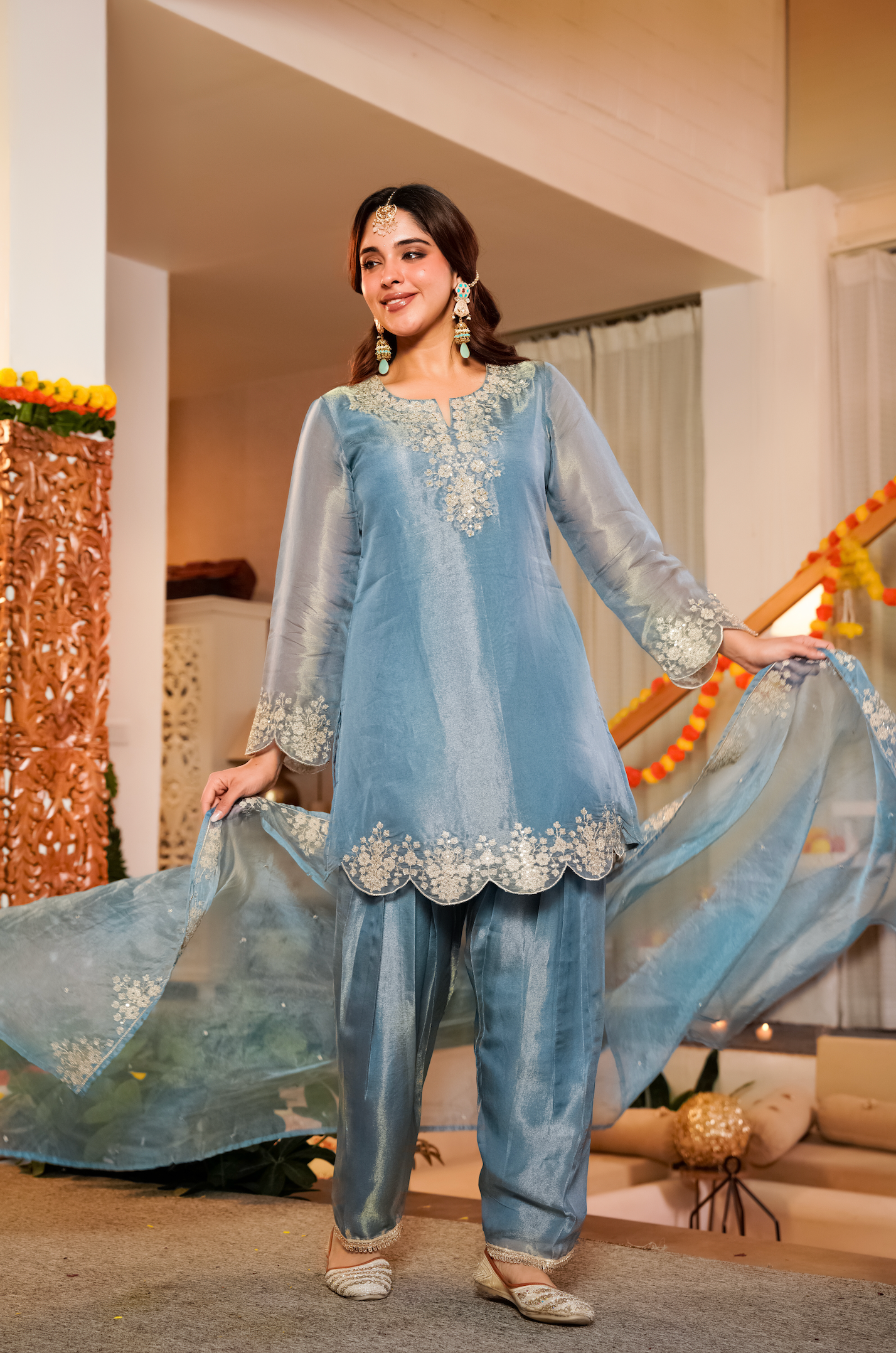 Mist Tissue Silk Hand Adda Embroidered A-Line Kurta Suit Set