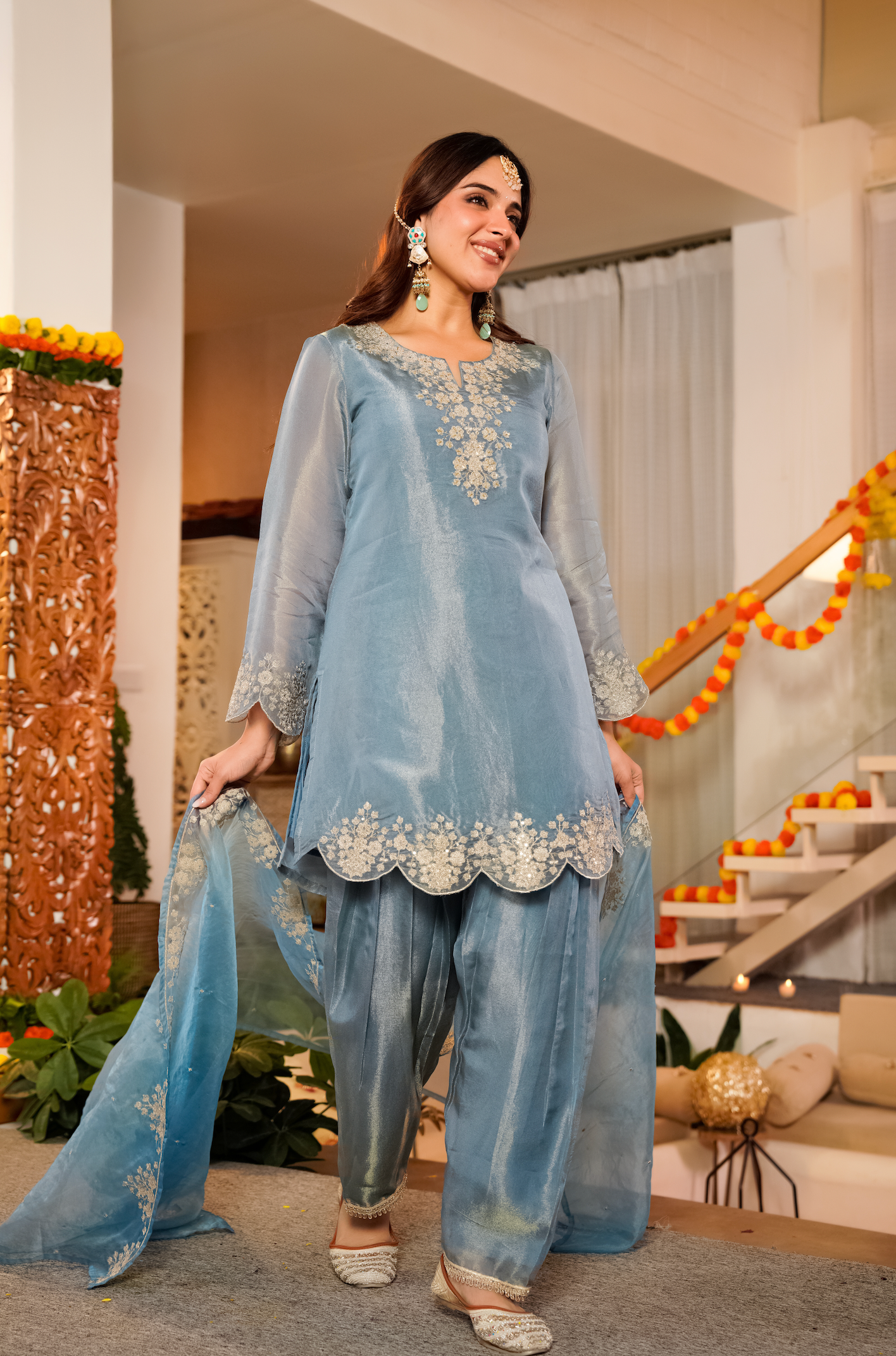 Mist Tissue Silk Hand Adda Embroidered A-Line Kurta Suit Set