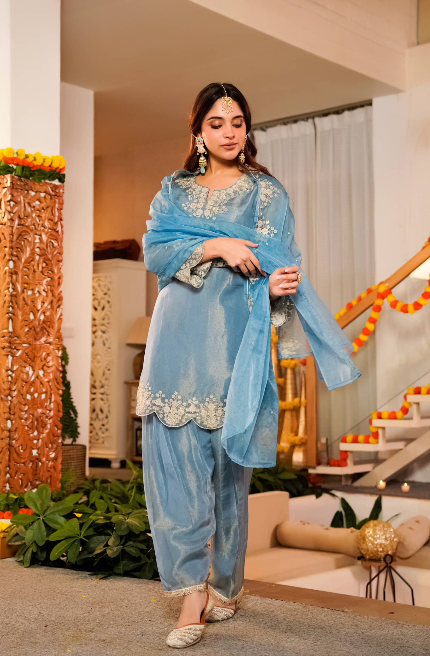 Mist Tissue Silk Hand Adda Embroidered A-Line Kurta Suit Set