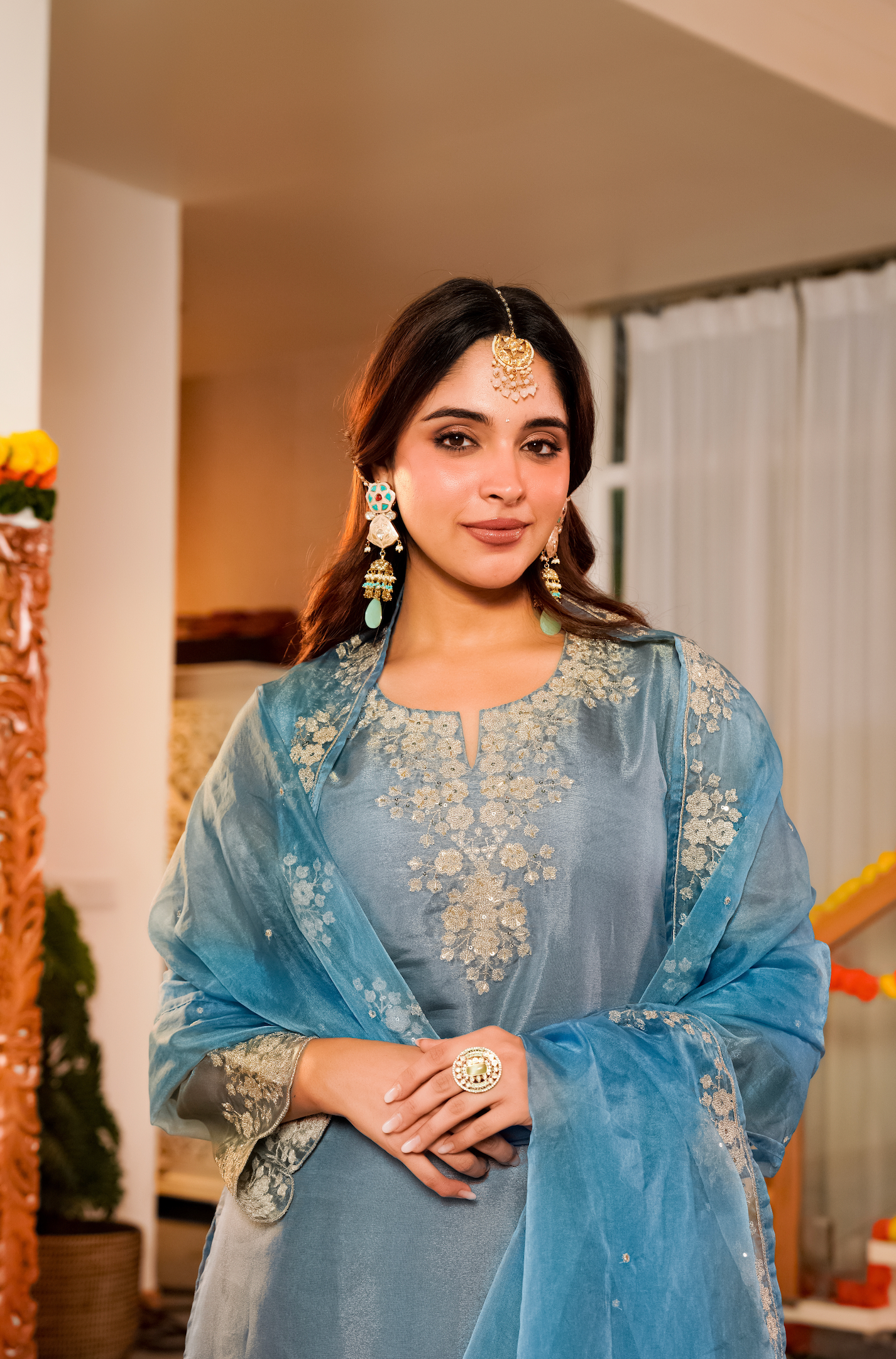 Mist Tissue Silk Hand Adda Embroidered A-Line Kurta Suit Set