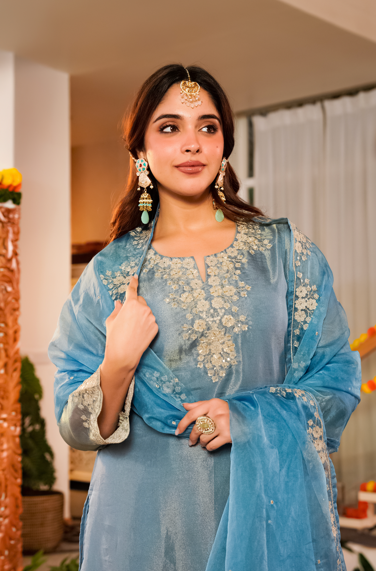 Mist Tissue Silk Hand Adda Embroidered A-Line Kurta Suit Set