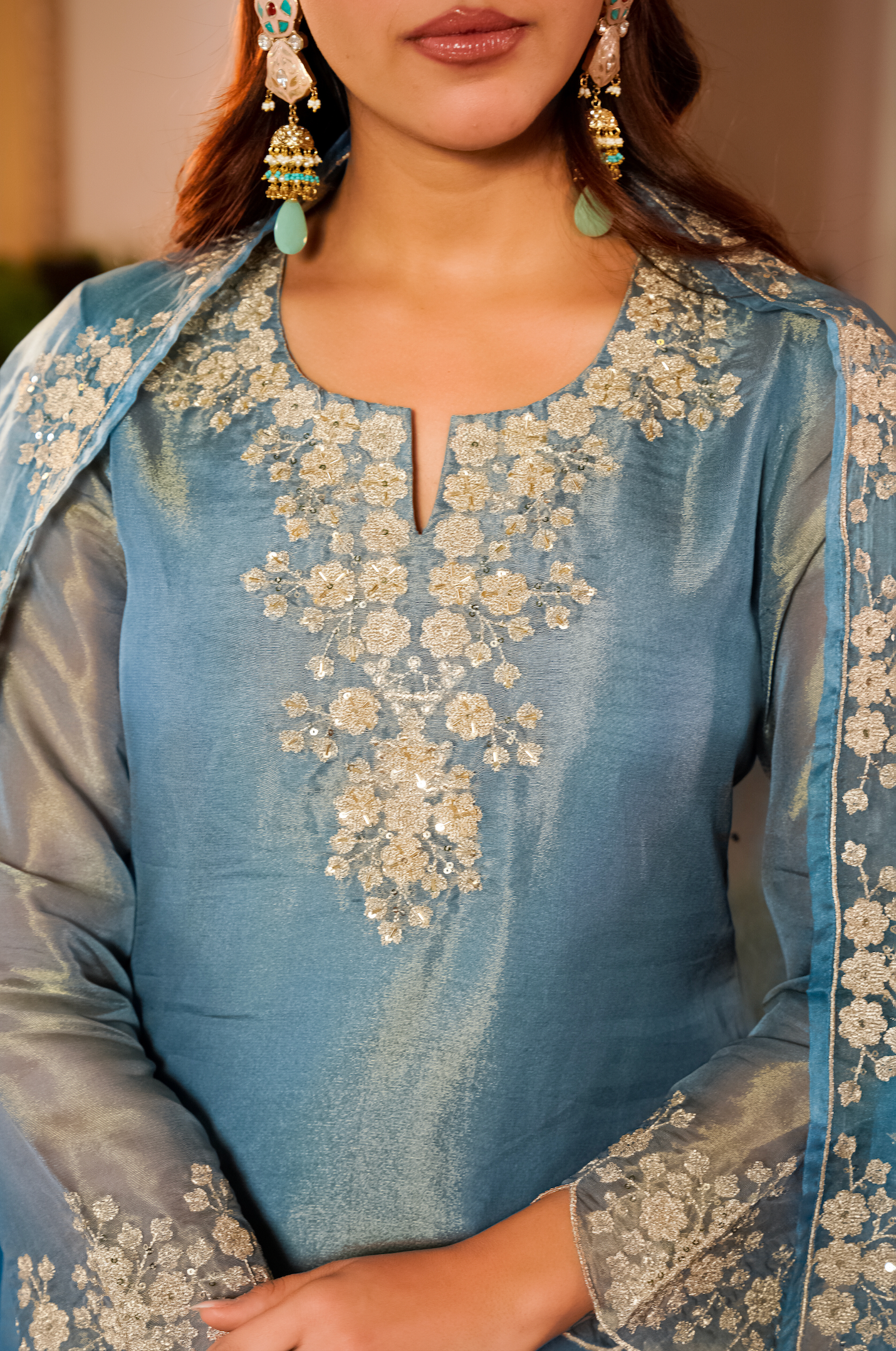 Mist Tissue Silk Hand Adda Embroidered A-Line Kurta Suit Set