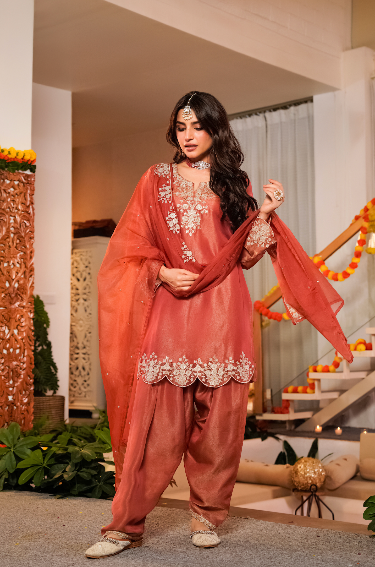 Terracotta Tissue Silk A-Line Short Kurta Suit Set