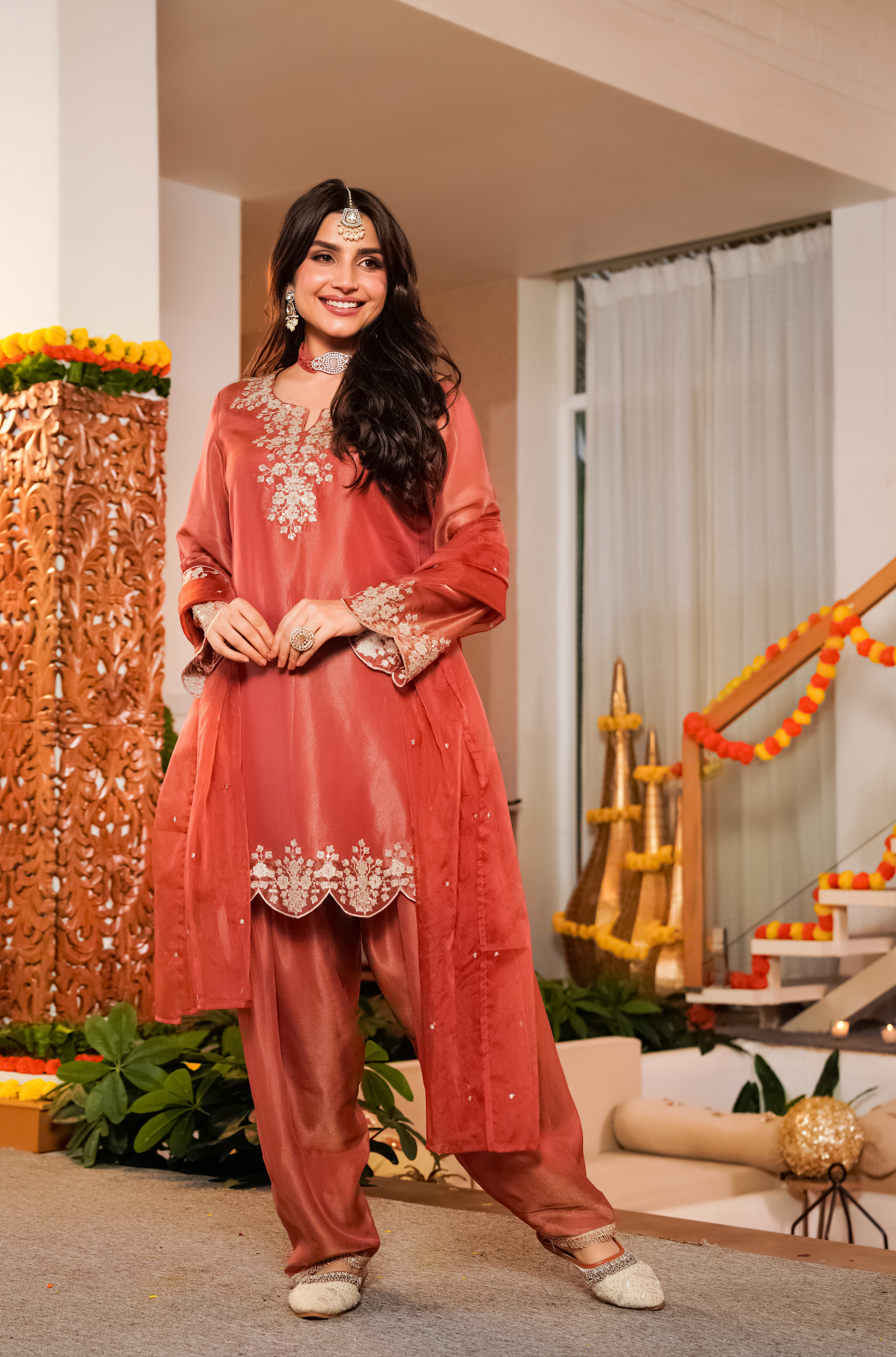 Terracotta Tissue Silk A-Line Short Kurta Suit Set