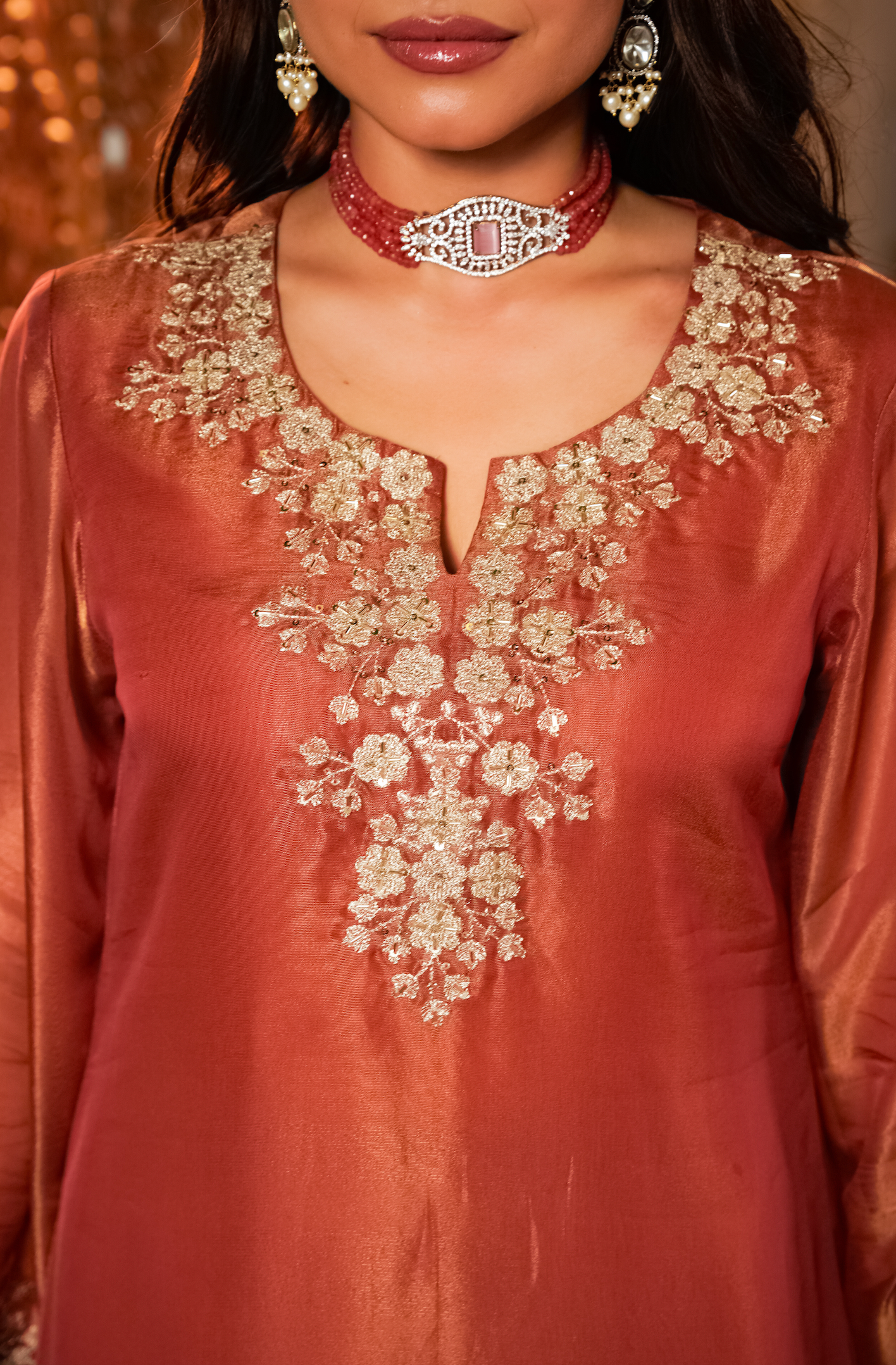 Terracotta Tissue Silk A-Line Short Kurta Suit Set