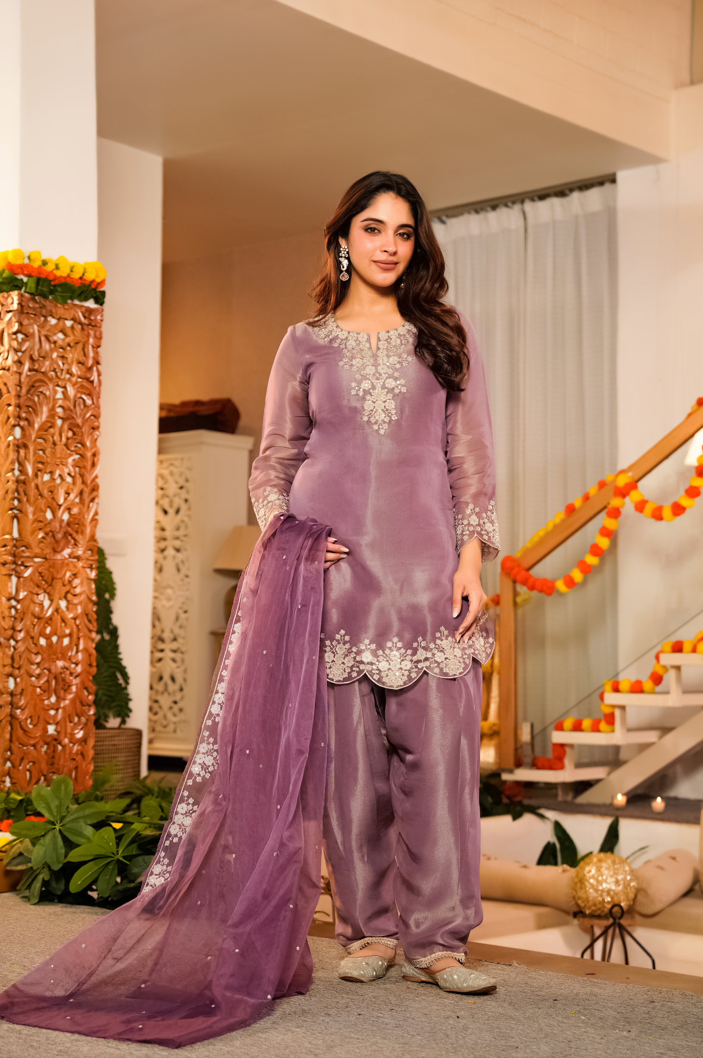 Lavender Tissue Silk A-Line Short Kurta Suit Set