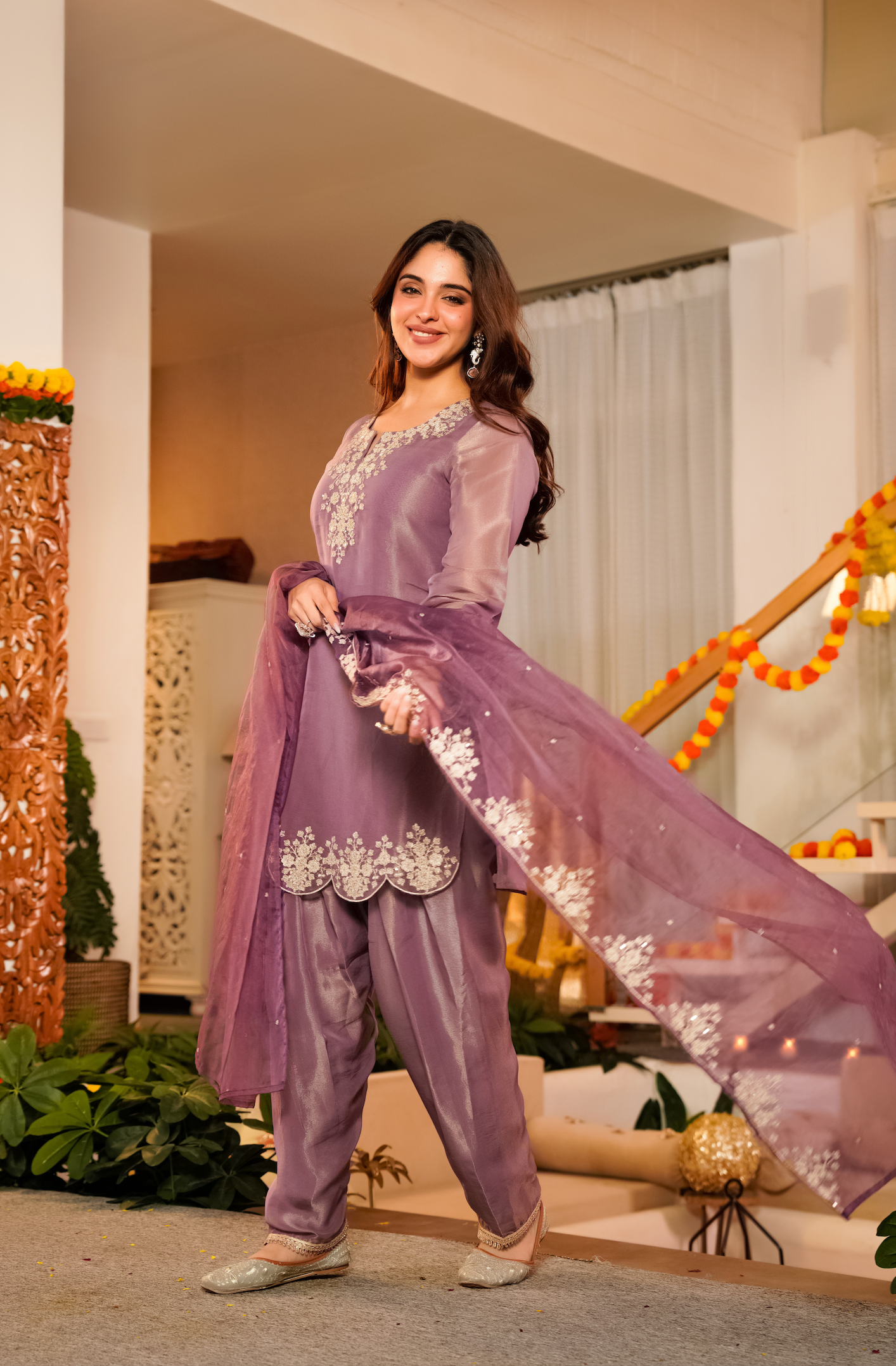 Lavender Tissue Silk A-Line Short Kurta Suit Set