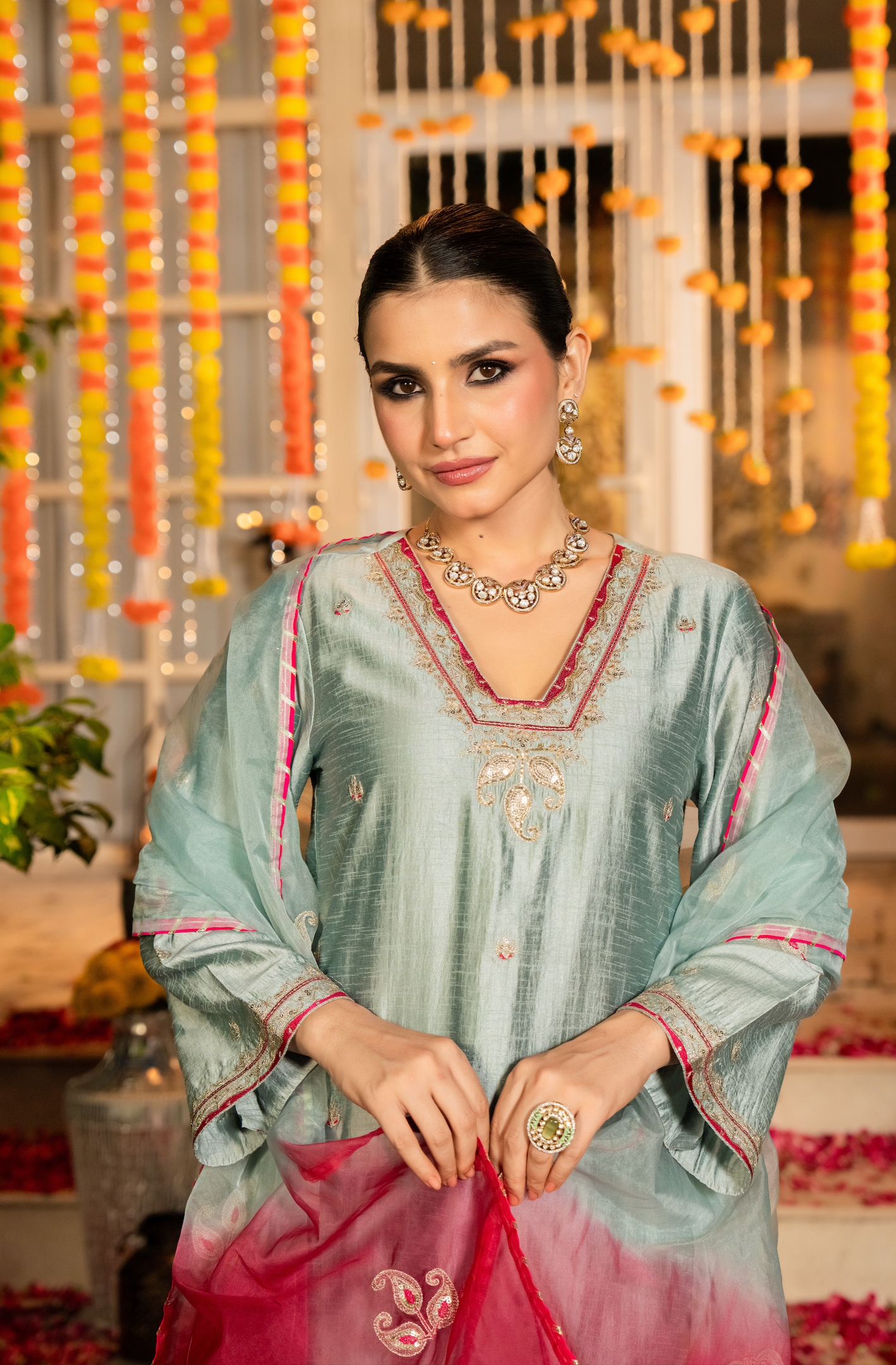 Mint Dola Silk Hand Work Suit Set