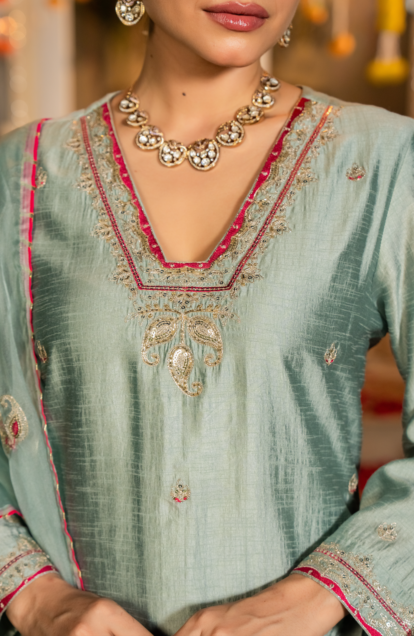 Mint Dola Silk Hand Work Suit Set