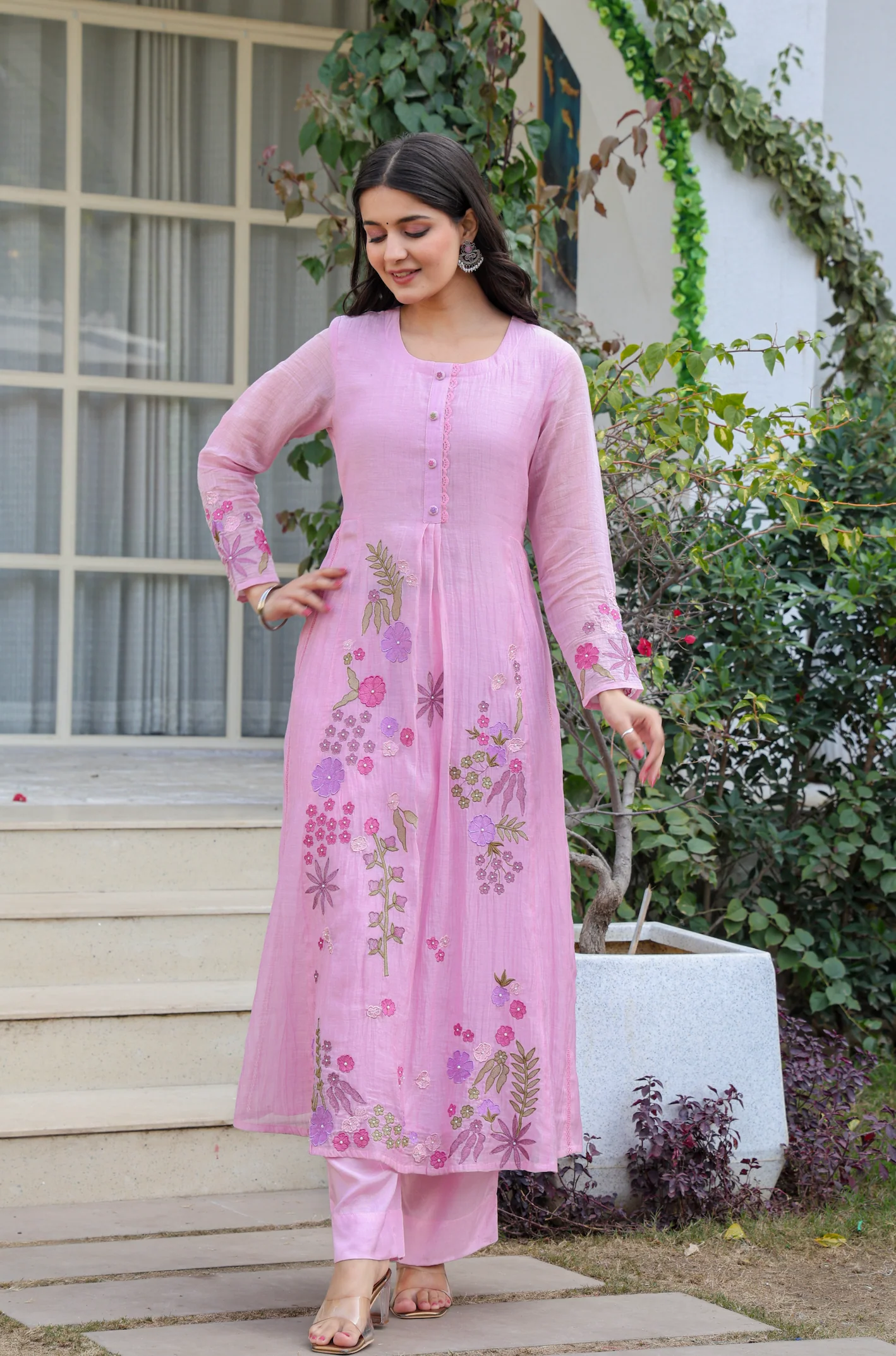 Mul Chenderi Embroidered Applic Work Kurta Pant & Dupatta (2 Colors)