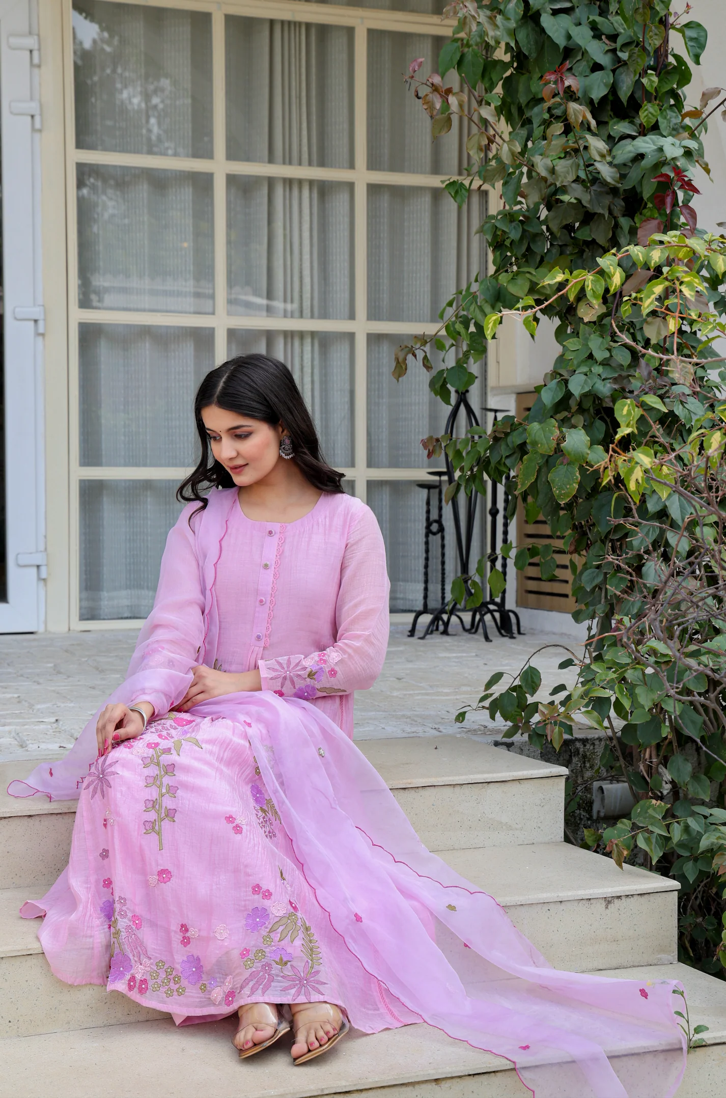 Mul Chenderi Embroidered Applic Work Kurta Pant & Dupatta (2 Colors)