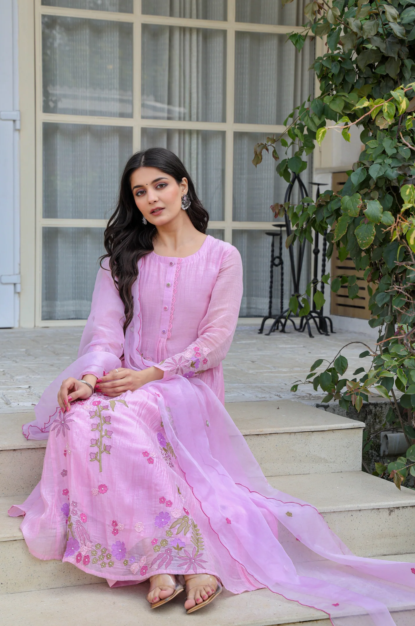 Mul Chenderi Embroidered Applic Work Kurta Pant & Dupatta (2 Colors)