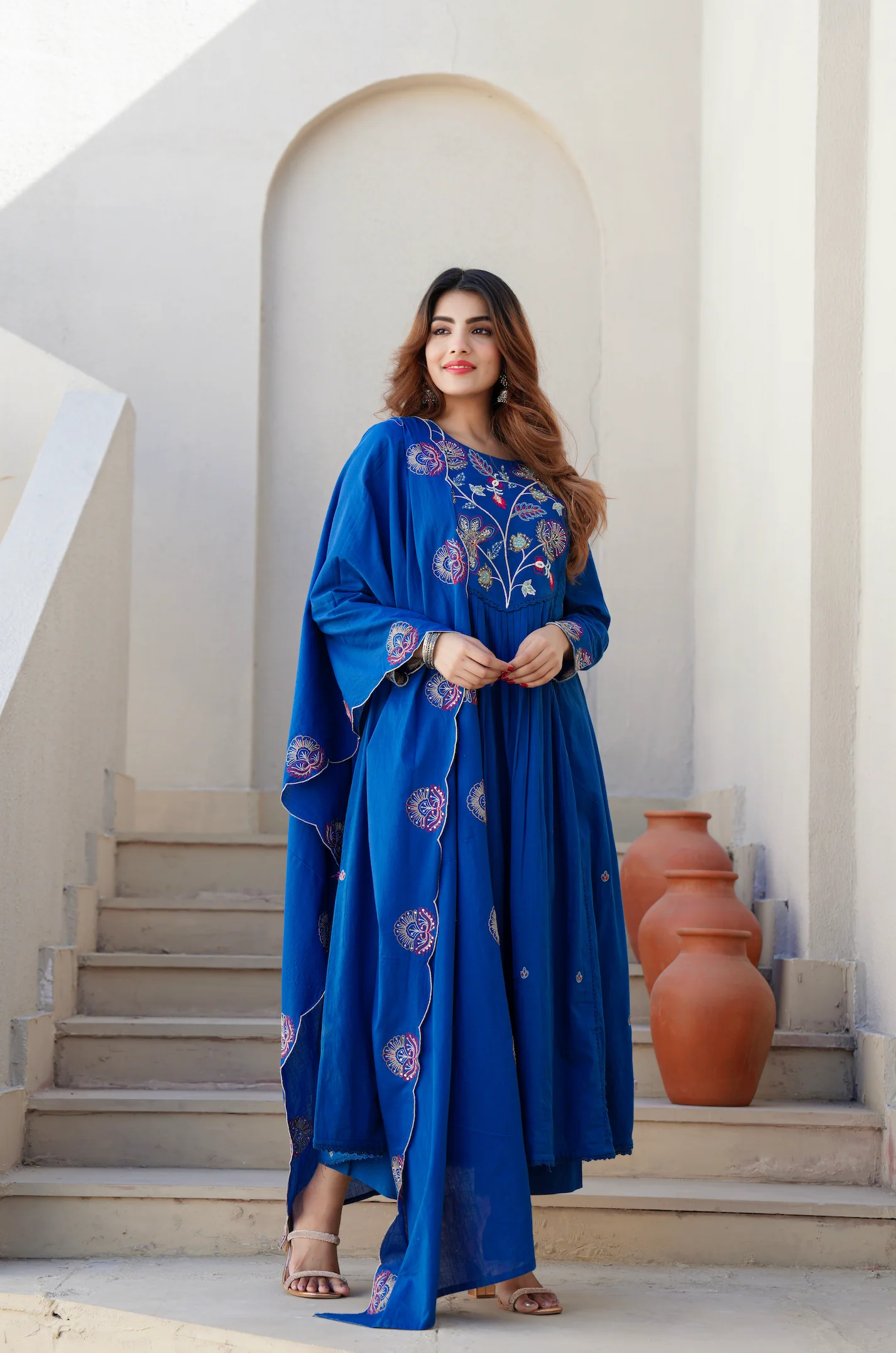 Azure Blue Cotton Embroidered Kurta Suit