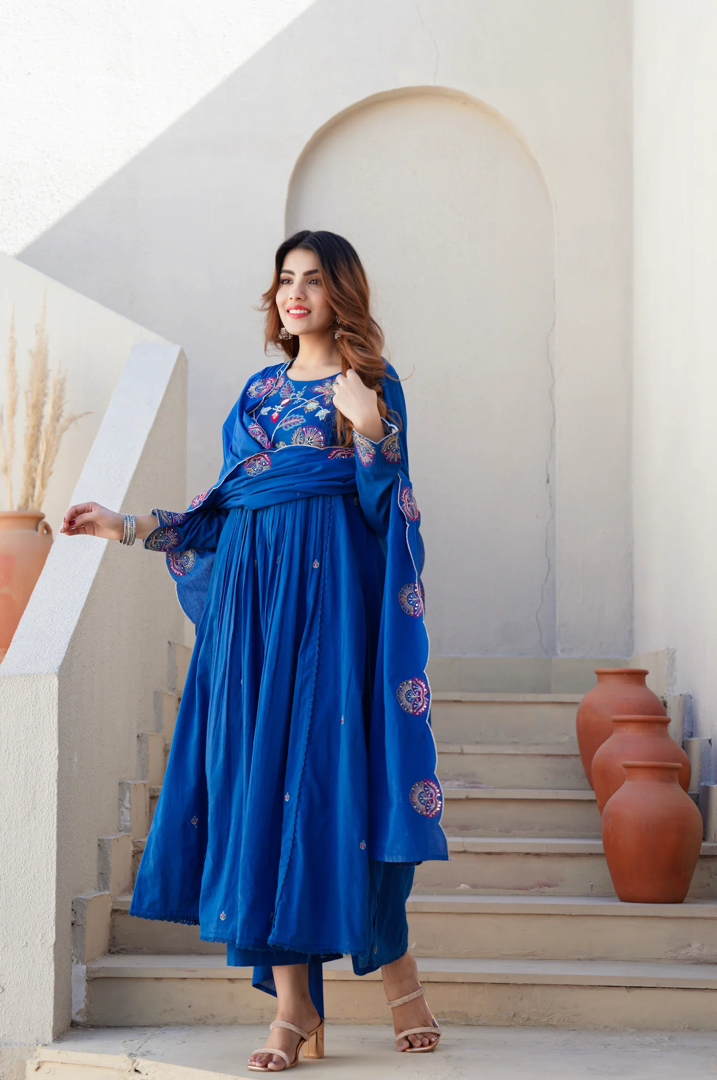 Azure Blue Cotton Embroidered Kurta Suit