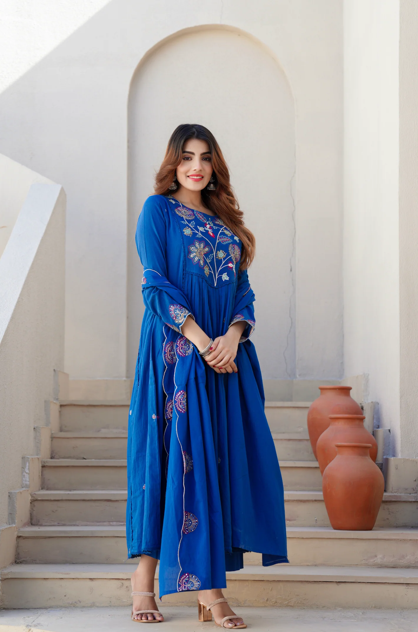 Azure Blue Cotton Embroidered Kurta Suit