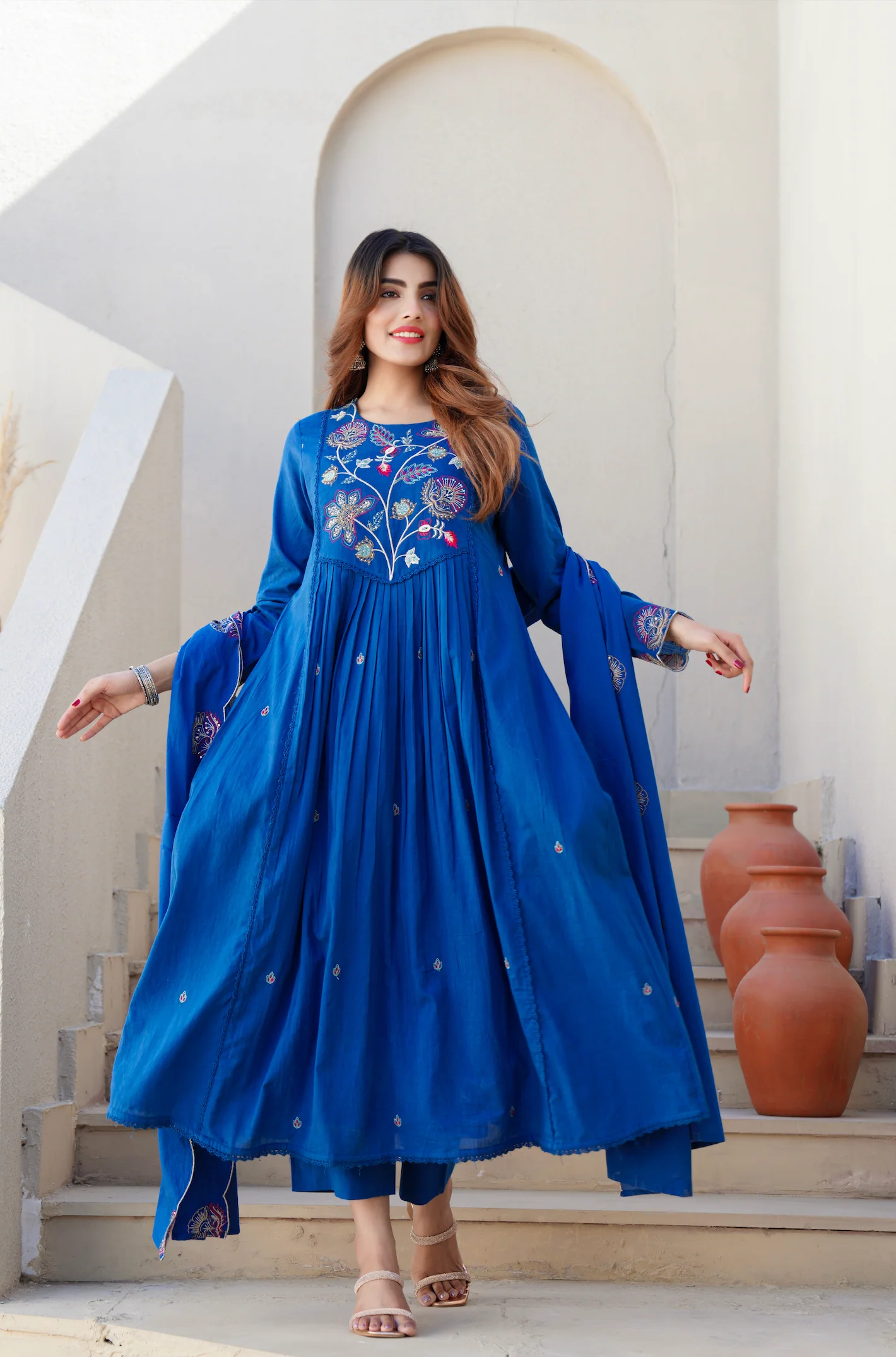 Azure Blue Cotton Embroidered Kurta Suit