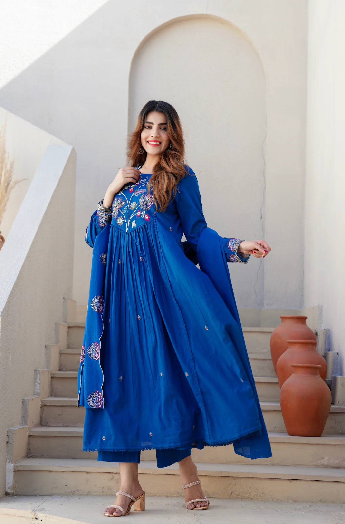 Azure Blue Cotton Embroidered Kurta Suit