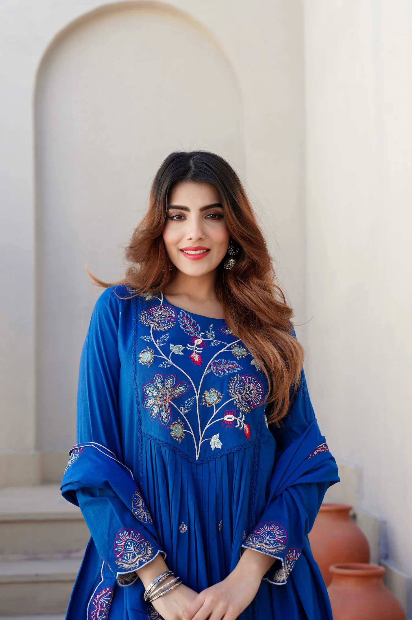 Azure Blue Cotton Embroidered Kurta Suit