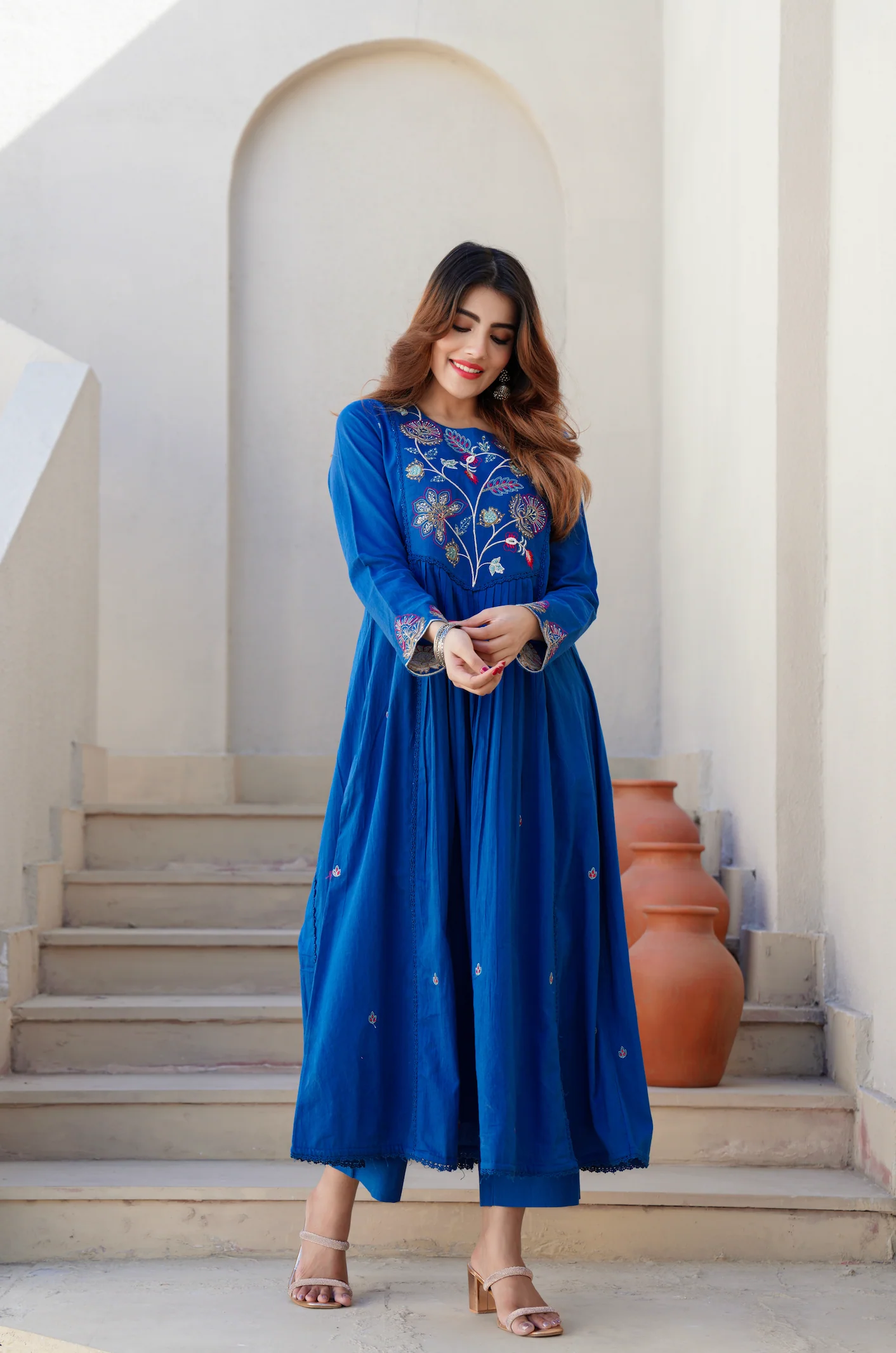 Azure Blue Cotton Embroidered Kurta Suit